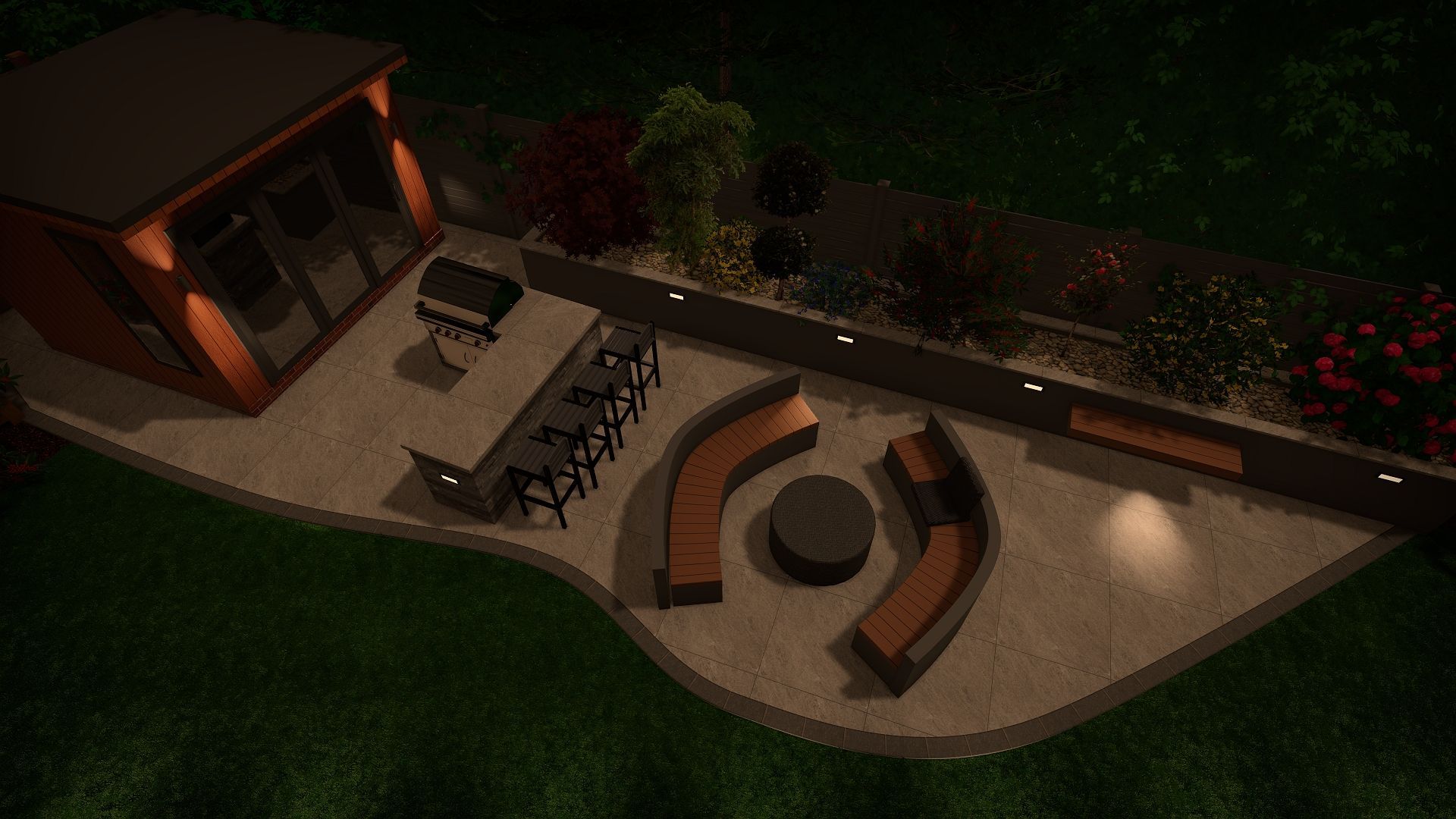 An illuminated outdoor patio with a seating area, table, grill, and a small building with an orange hue.