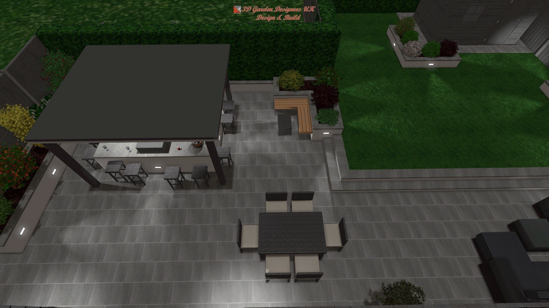 An aerial view of a patio with a table and chairs.