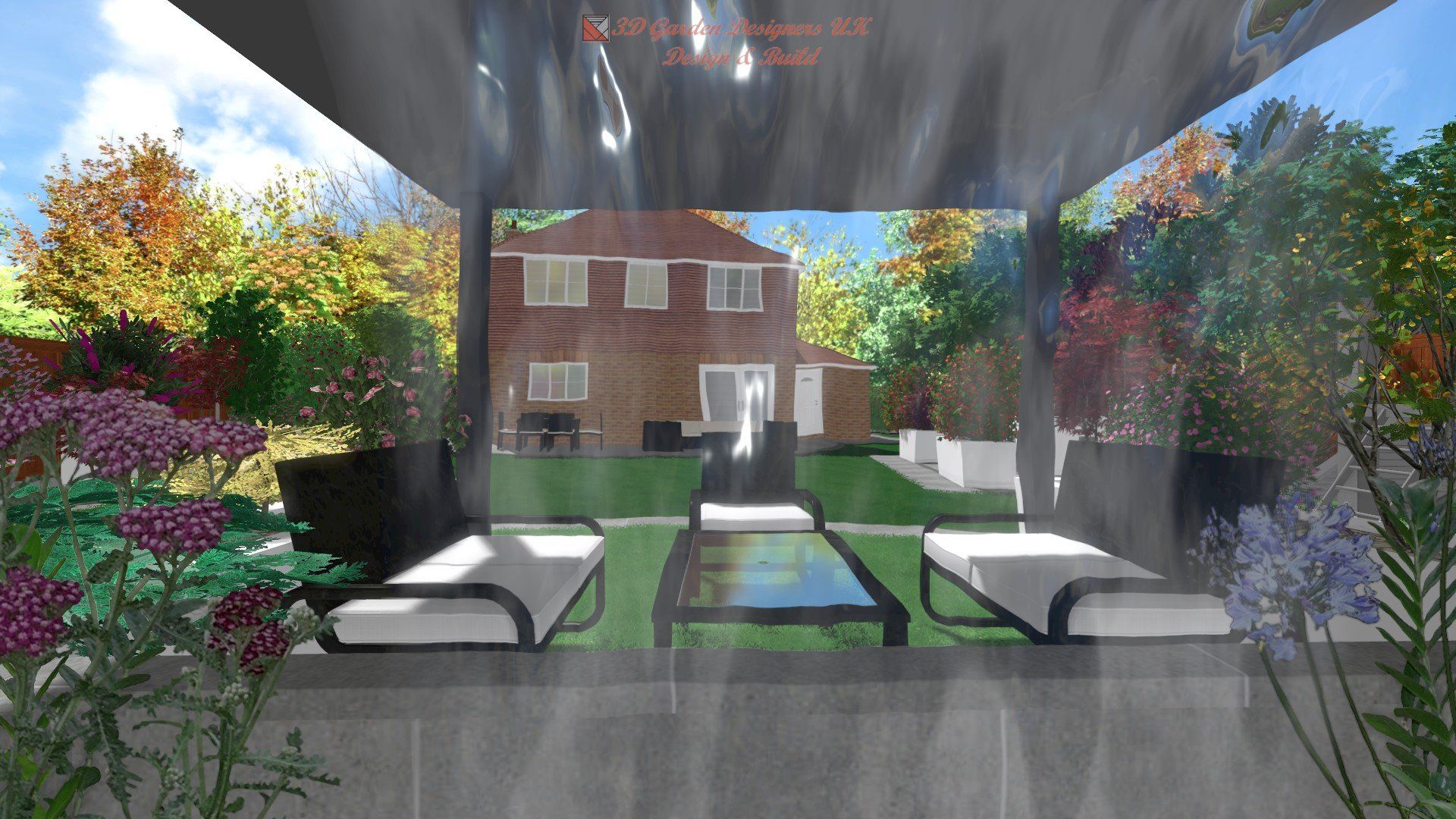 A computer generated image of a patio with a house in the background