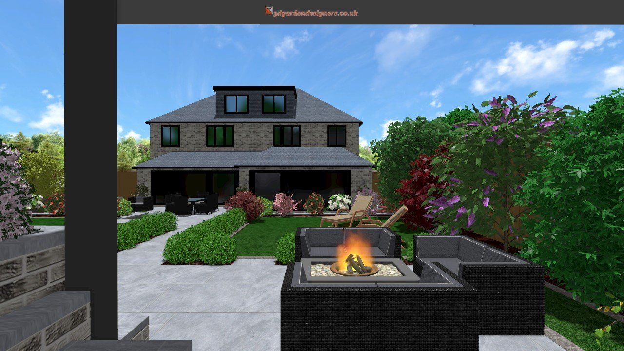 A computer generated image of a backyard with a fire pit and a house in the background.