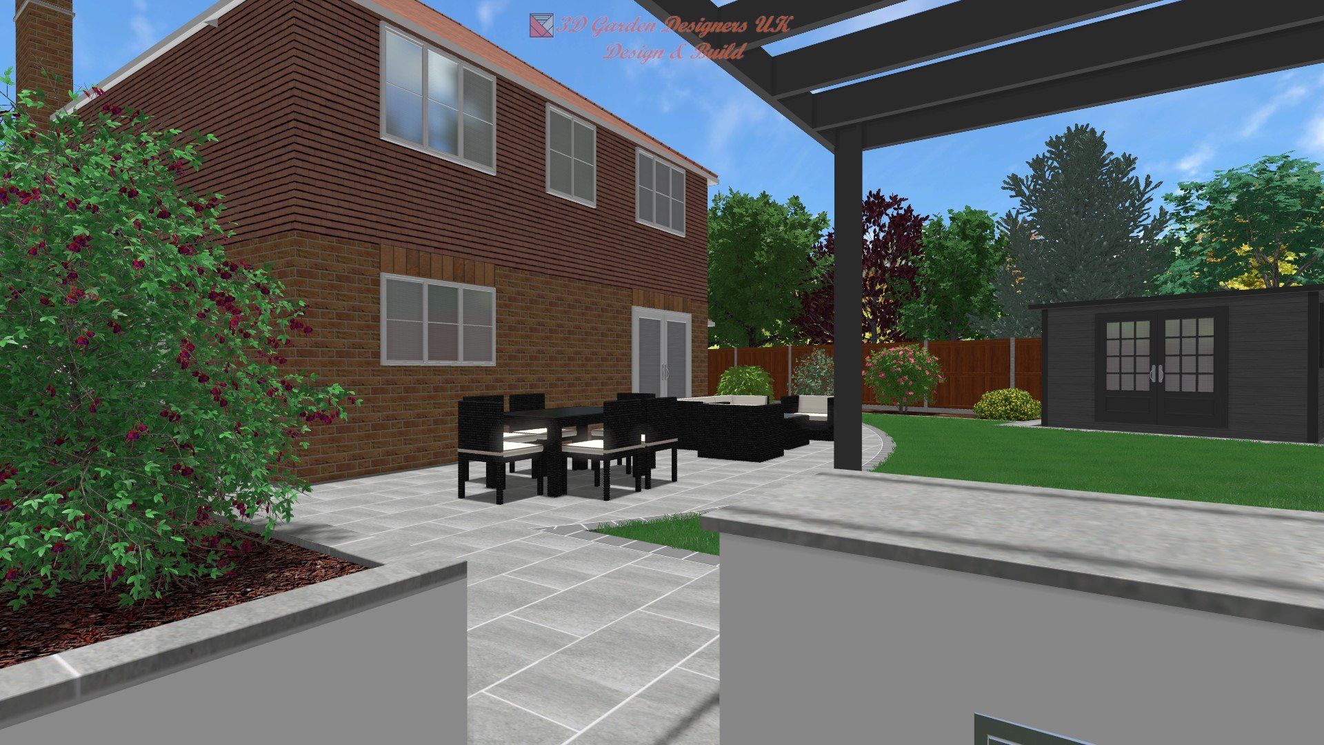 A computer generated image of a backyard with a table and chairs.