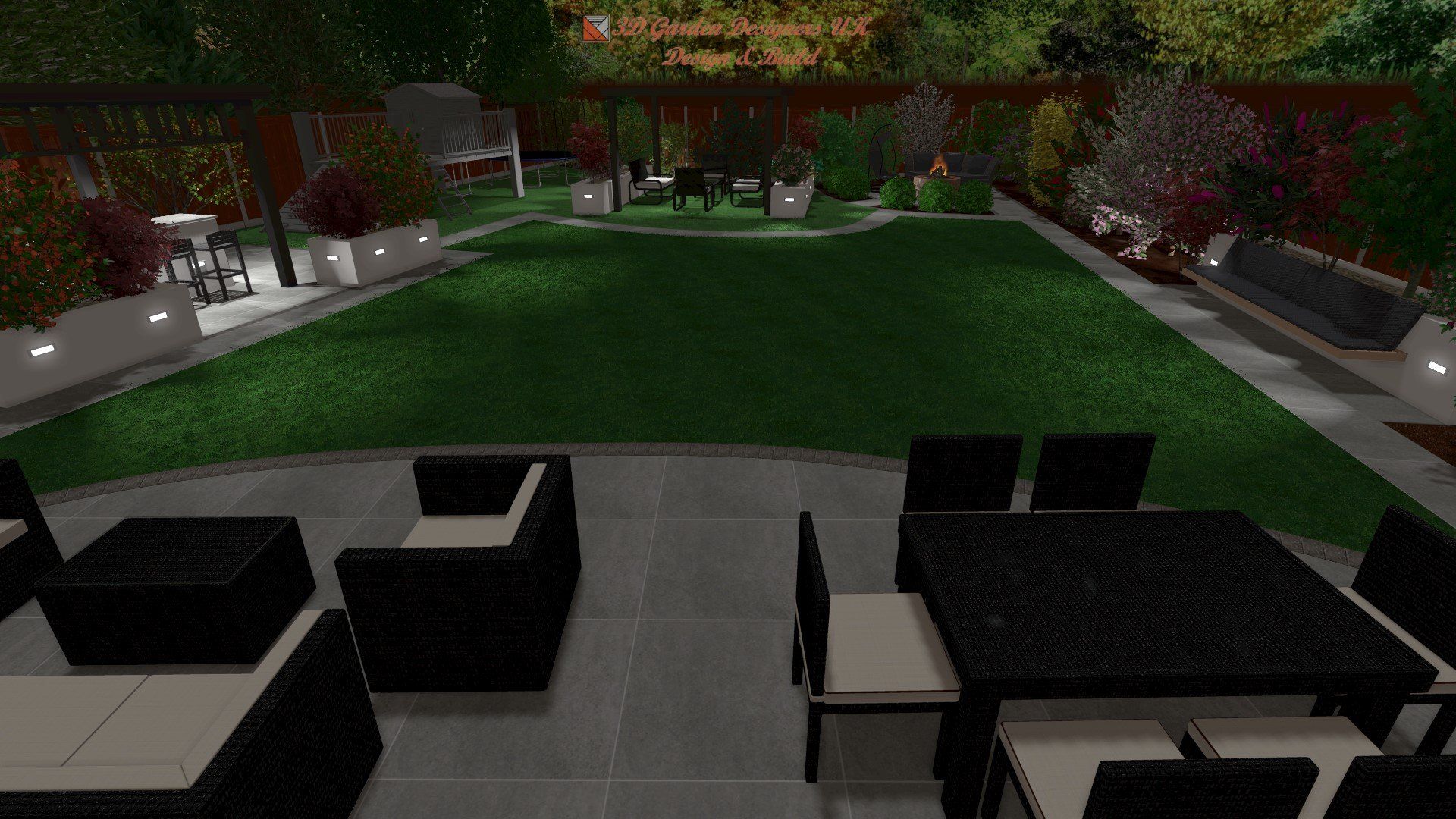 A computer generated image of a backyard with a table and chairs.