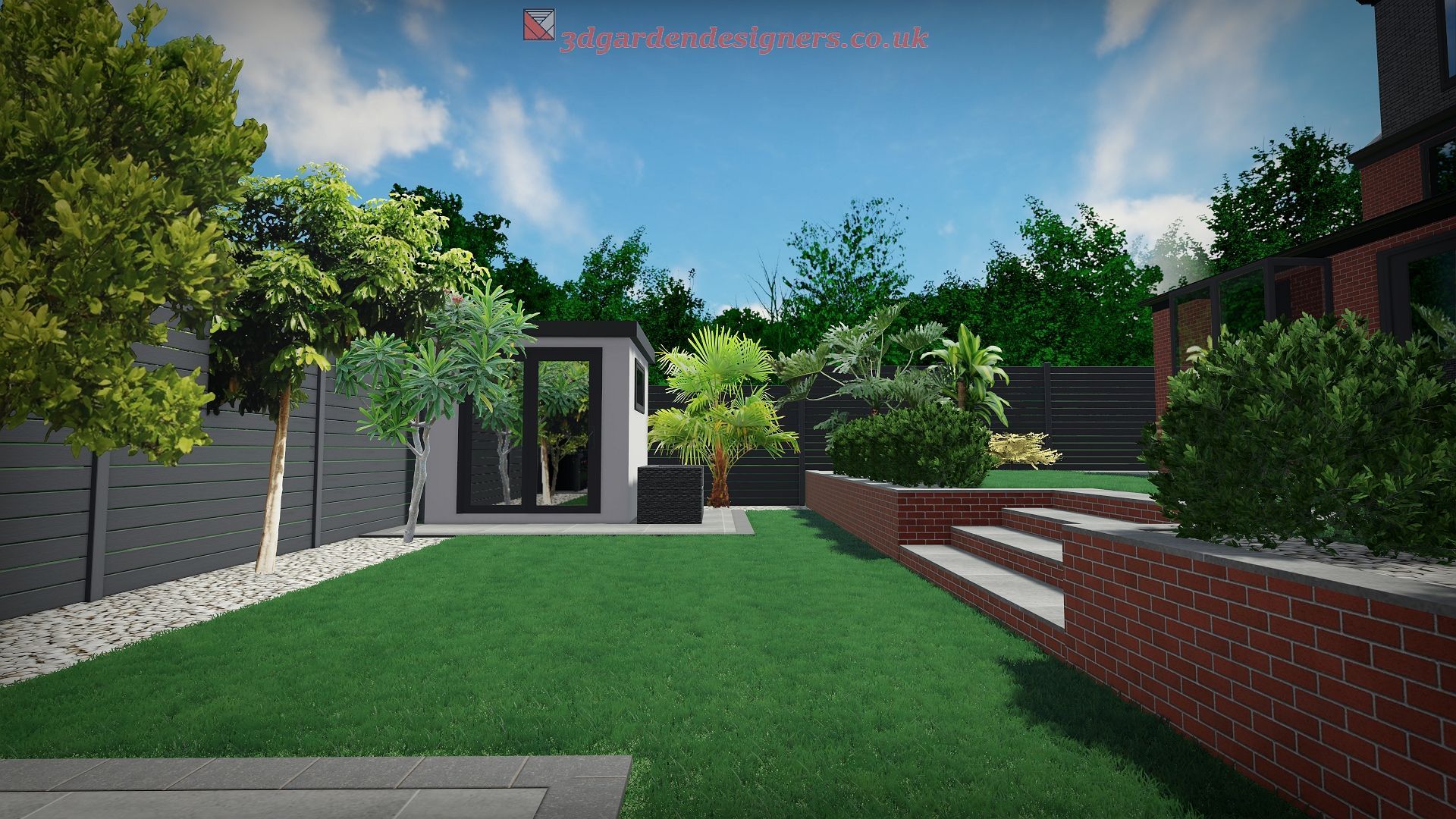 Lush green backyard with lawn, brick steps, garden shed, trees, and a blue sky.