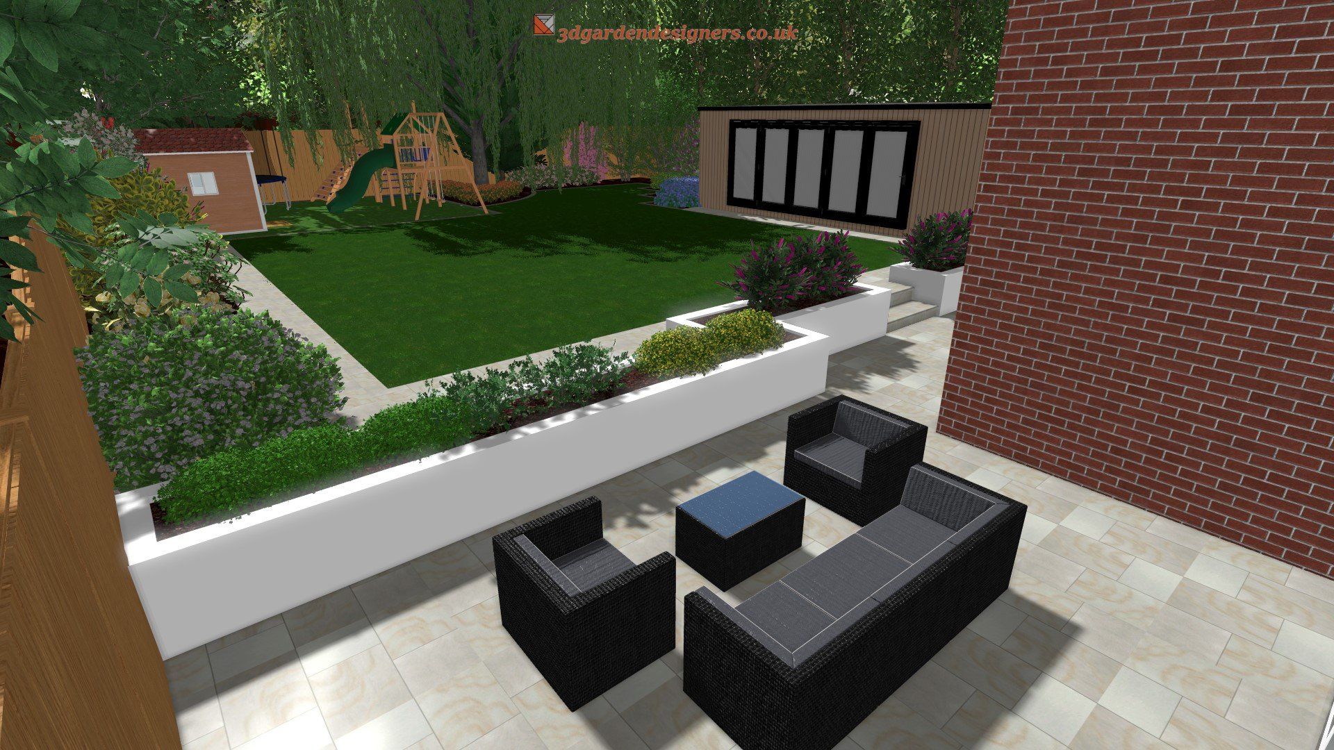 A computer generated image of a patio with furniture and a brick wall.