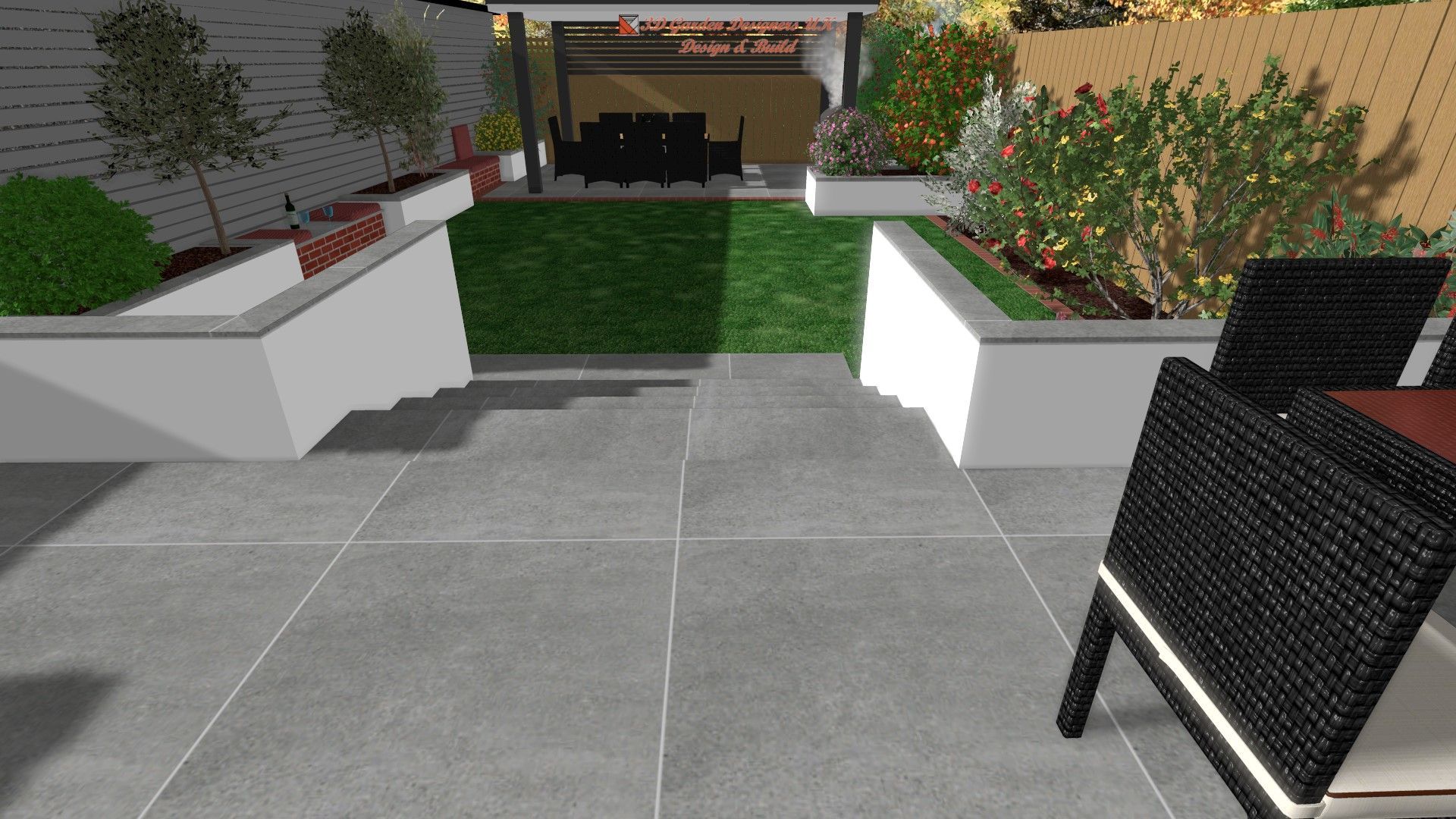 A computer generated image of a patio with a table and chairs.