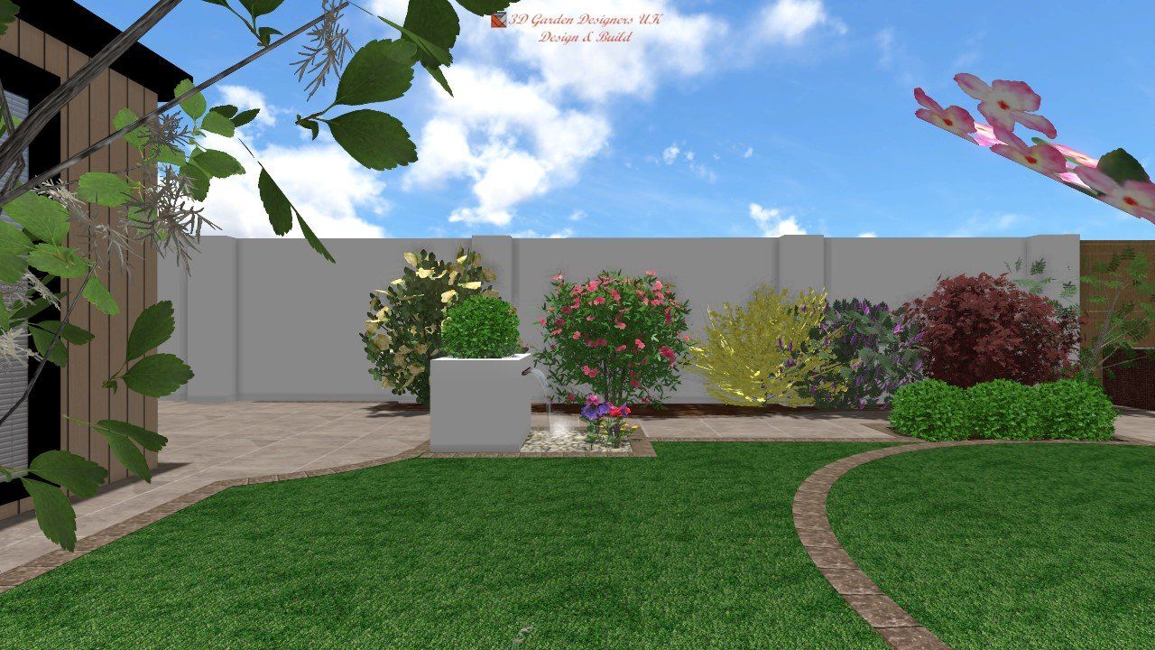 A computer generated image of a garden with a fence and flowers