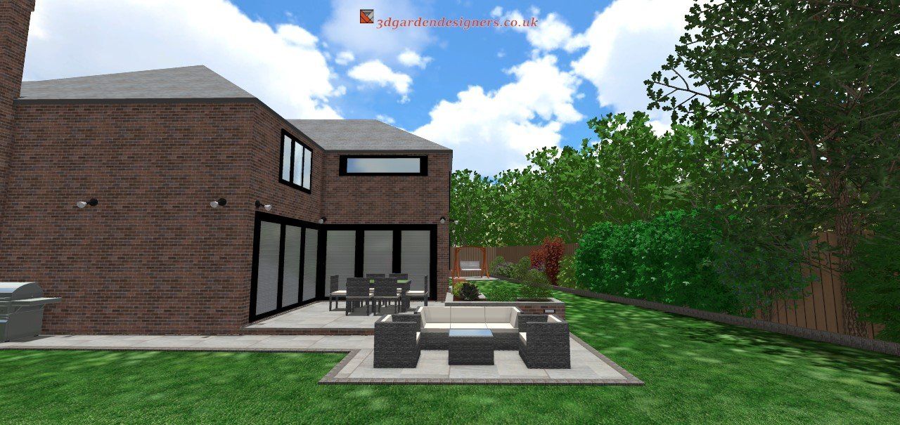 A computer generated image of a brick house with a patio