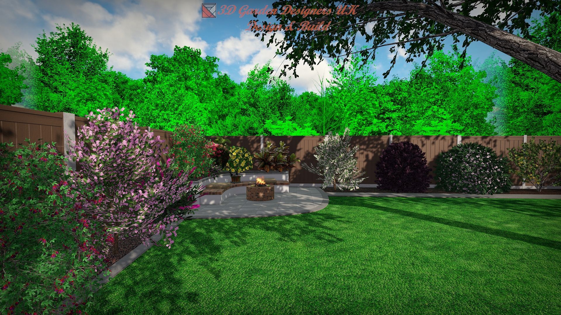 A backyard with green grass, bushes, trees, a stone patio with a fire pit, and a wooden fence.