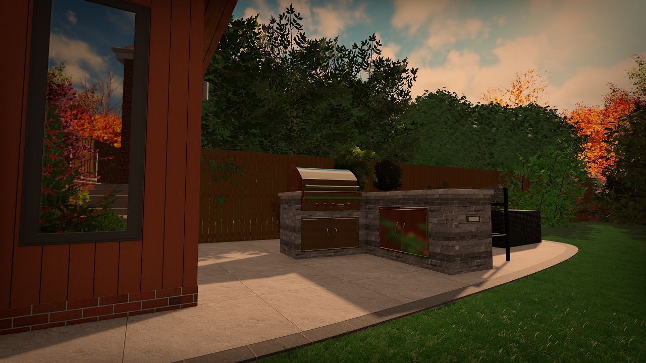 Outdoor kitchen with built-in grill, brick and stone counter, patio, and lush green lawn against a wood-paneled house.