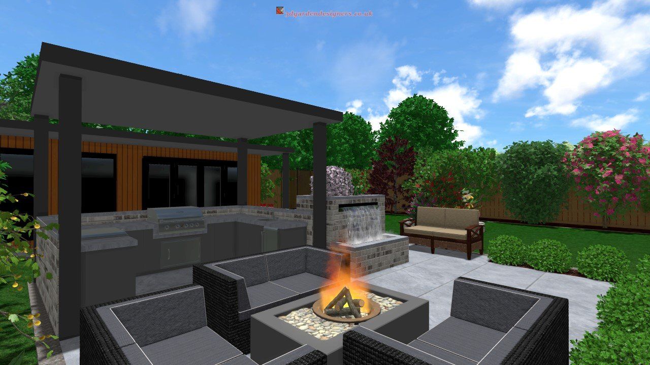A computer generated image of a backyard with a fire pit