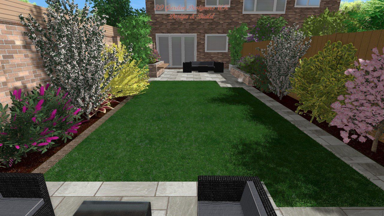 A computer generated image of a backyard with a lush green lawn and a patio.