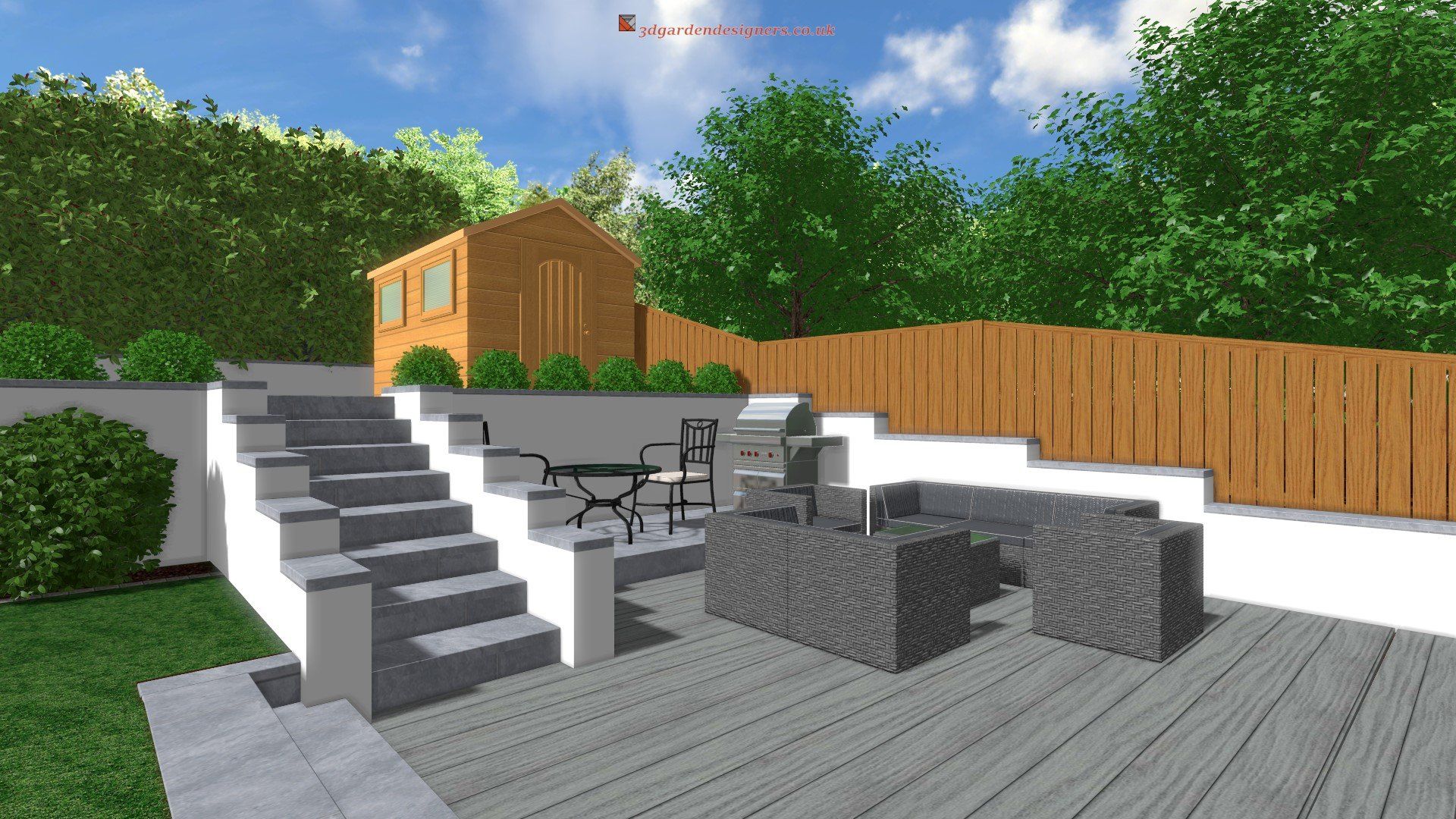 A computer generated image of a backyard with a wooden shed and stairs leading up to it.