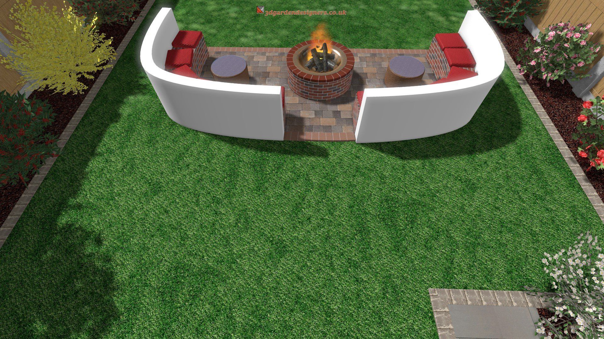 An aerial view of a backyard with a fire pit and a couch.