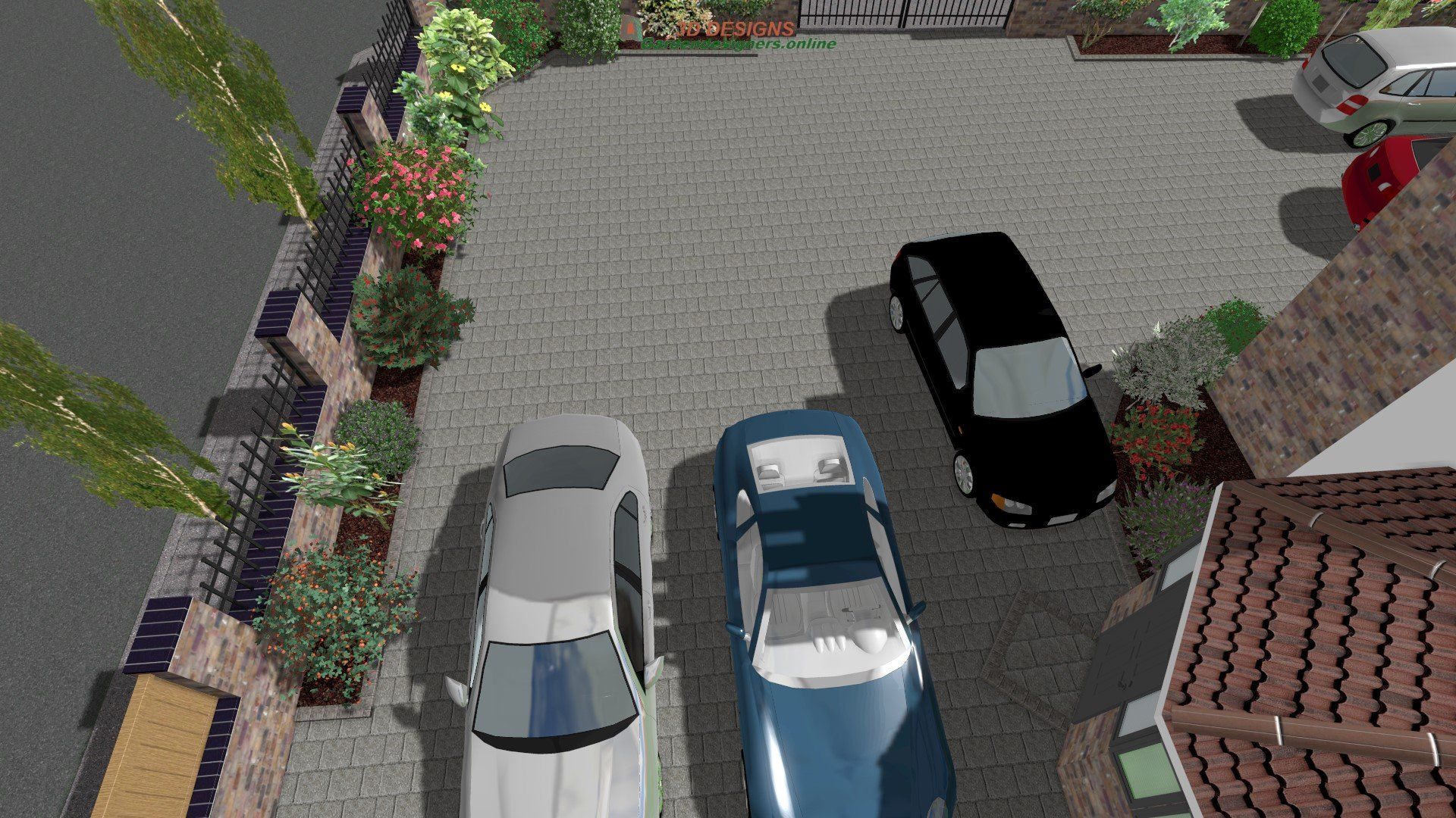 Three cars are parked in a driveway in front of a house