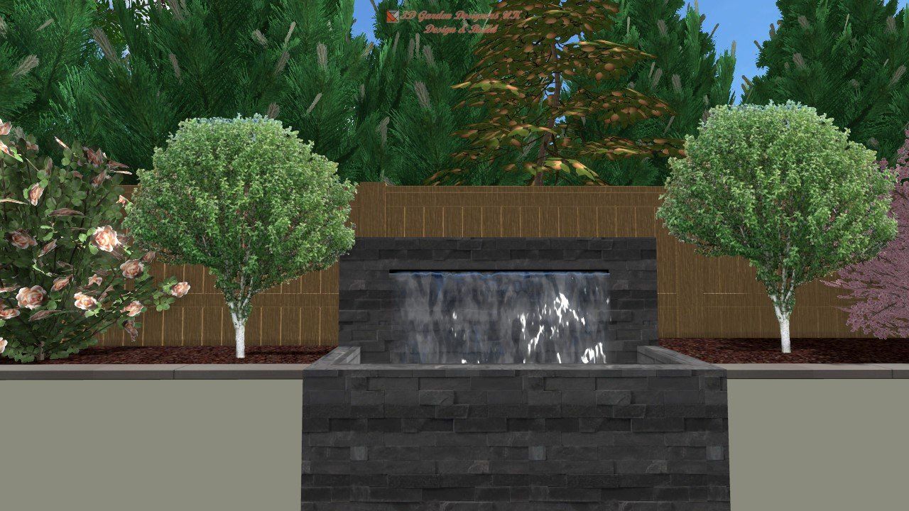 A computer generated image of a waterfall in a garden surrounded by trees.