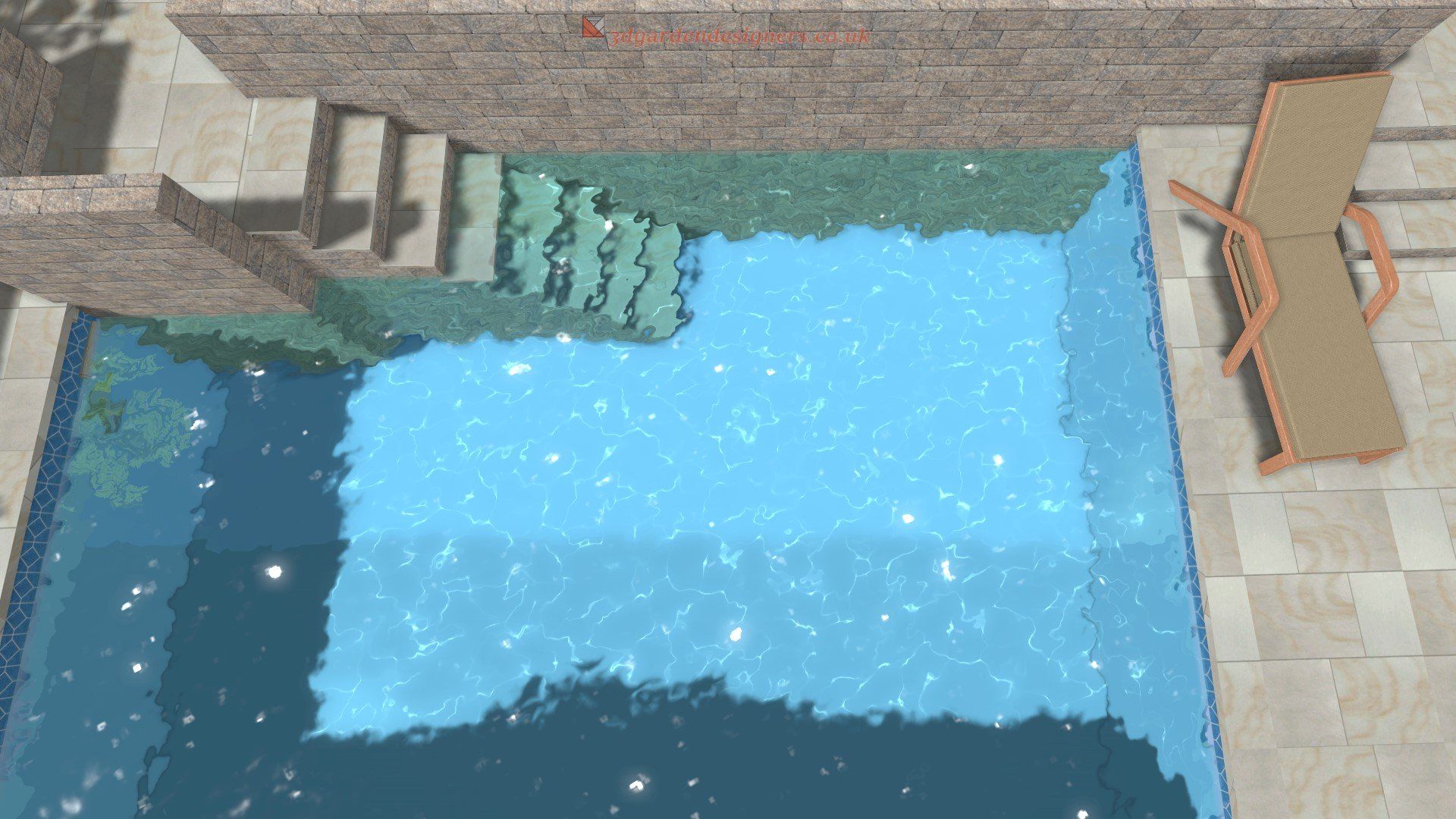 An aerial view of a swimming pool with a chair and stairs.