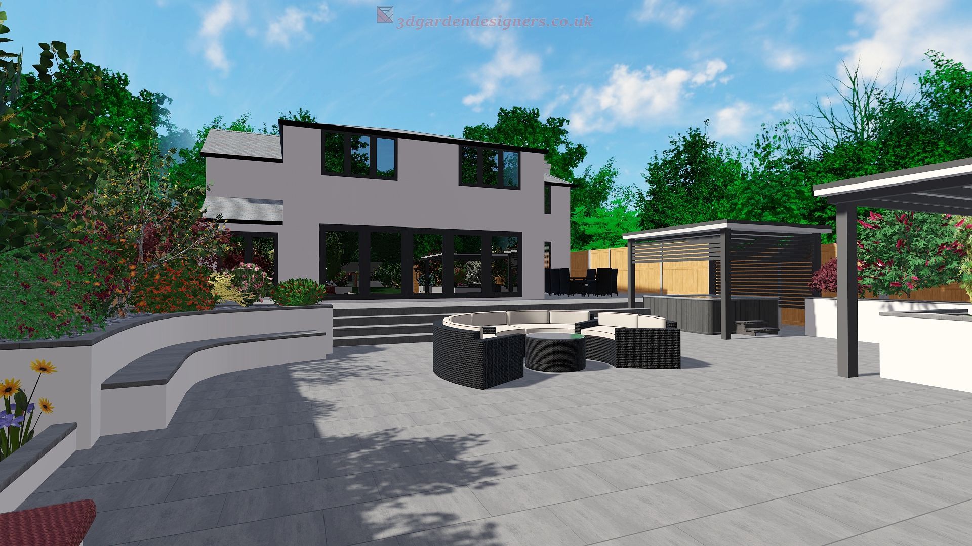 Modern backyard with patio, seating area, outdoor kitchen, and house with large windows.