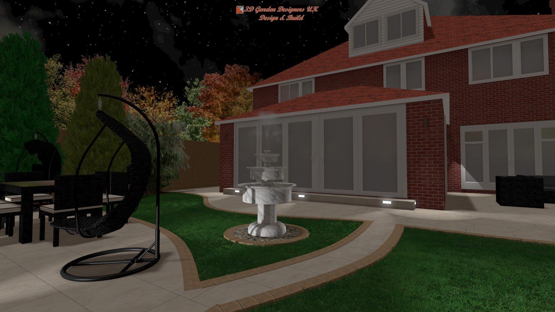 A computer generated image of a house with a fountain in the backyard at night.