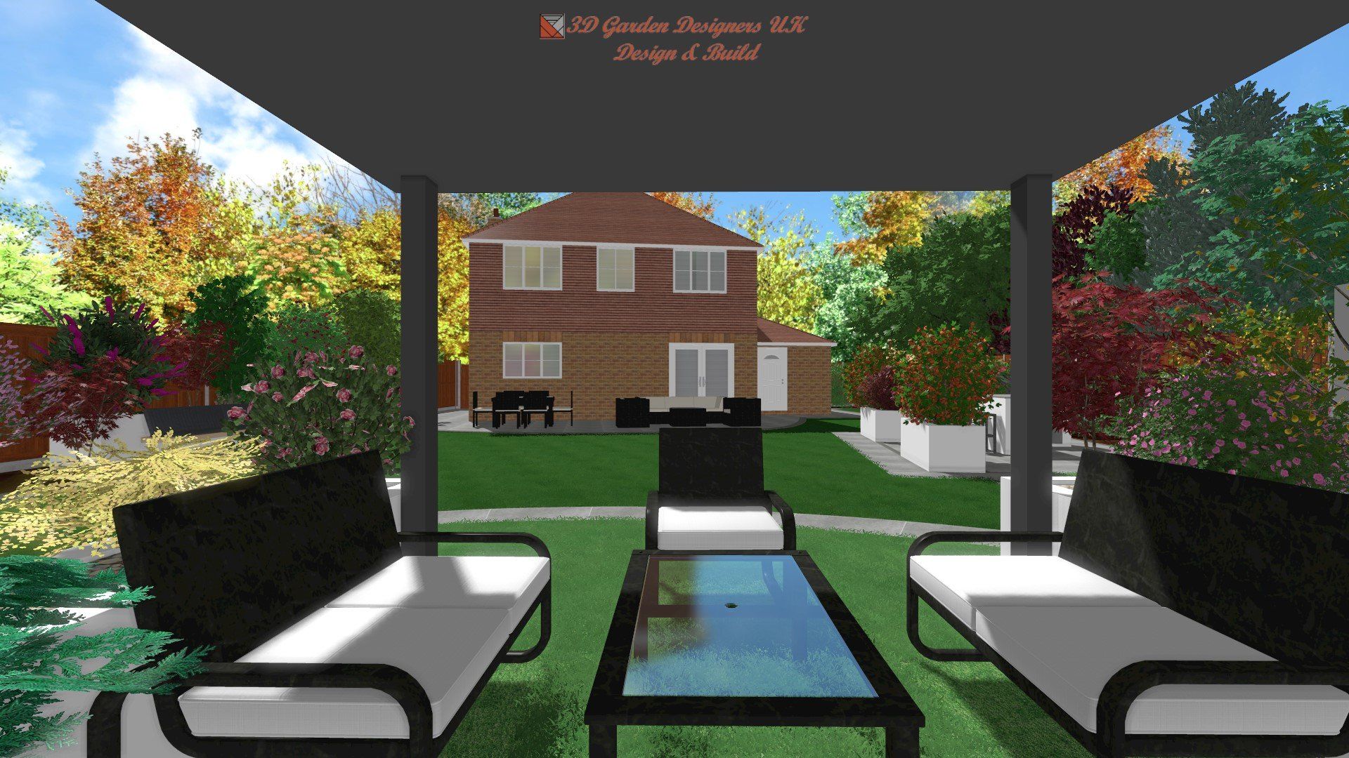 A computer generated image of a patio area with a house in the background