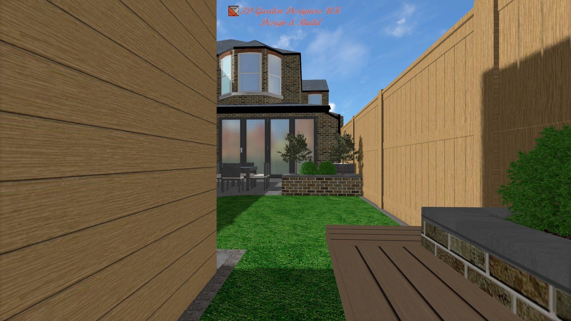 A computer generated image of a backyard with a wooden fence and a house in the background.