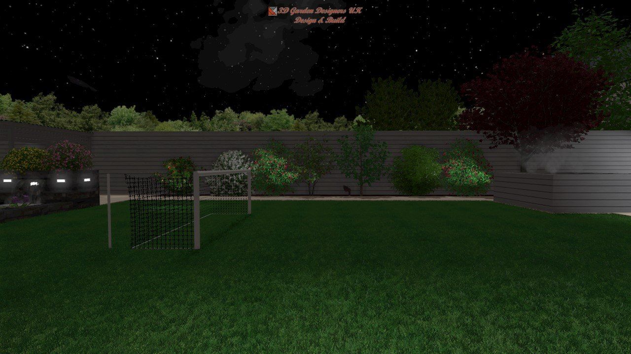 A computer generated image of a soccer field at night.