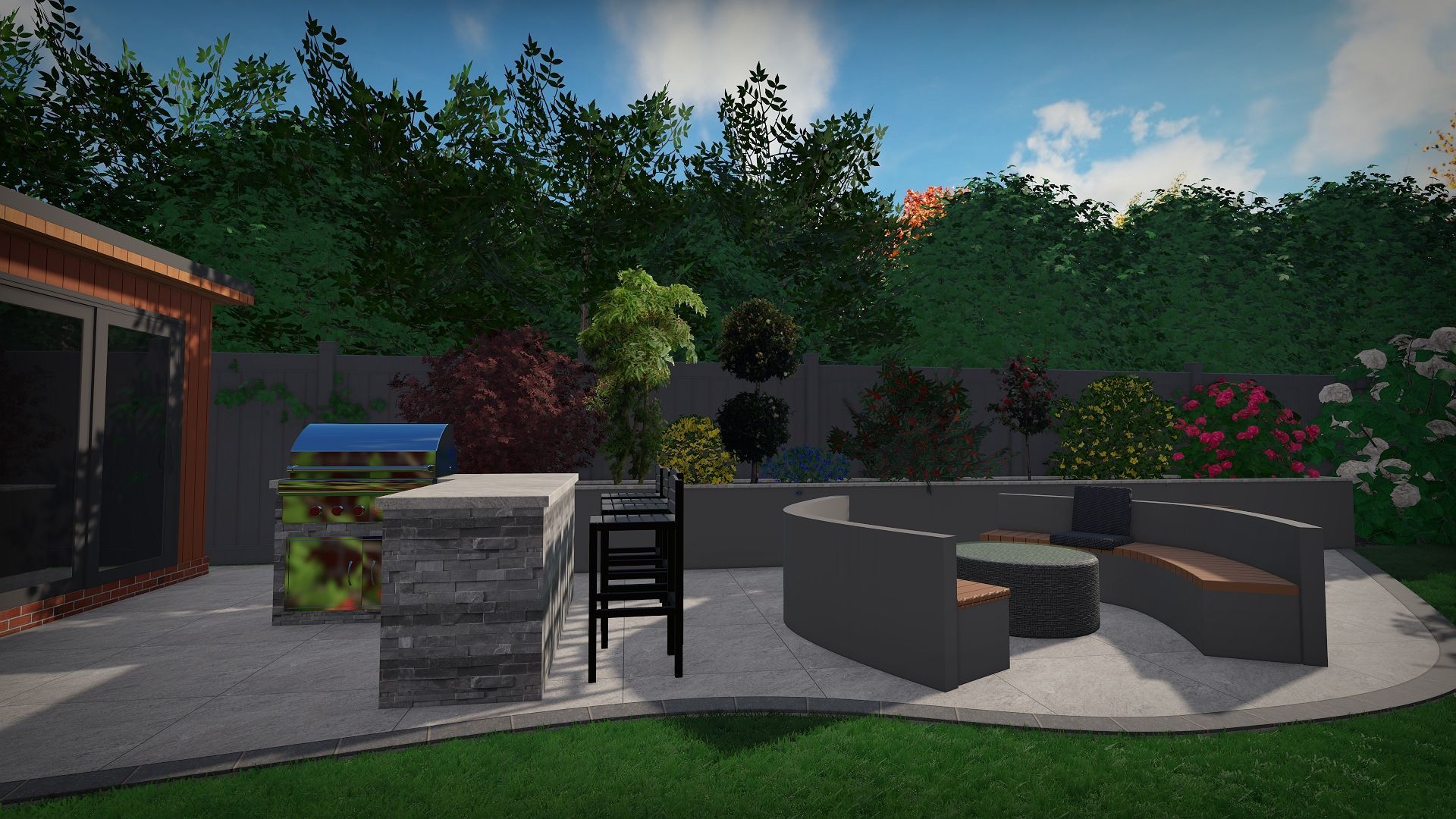 Backyard patio with outdoor kitchen, seating area, lush greenery, and barbecue.