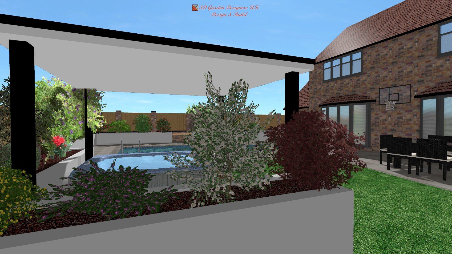 A computer generated image of a house with a pool