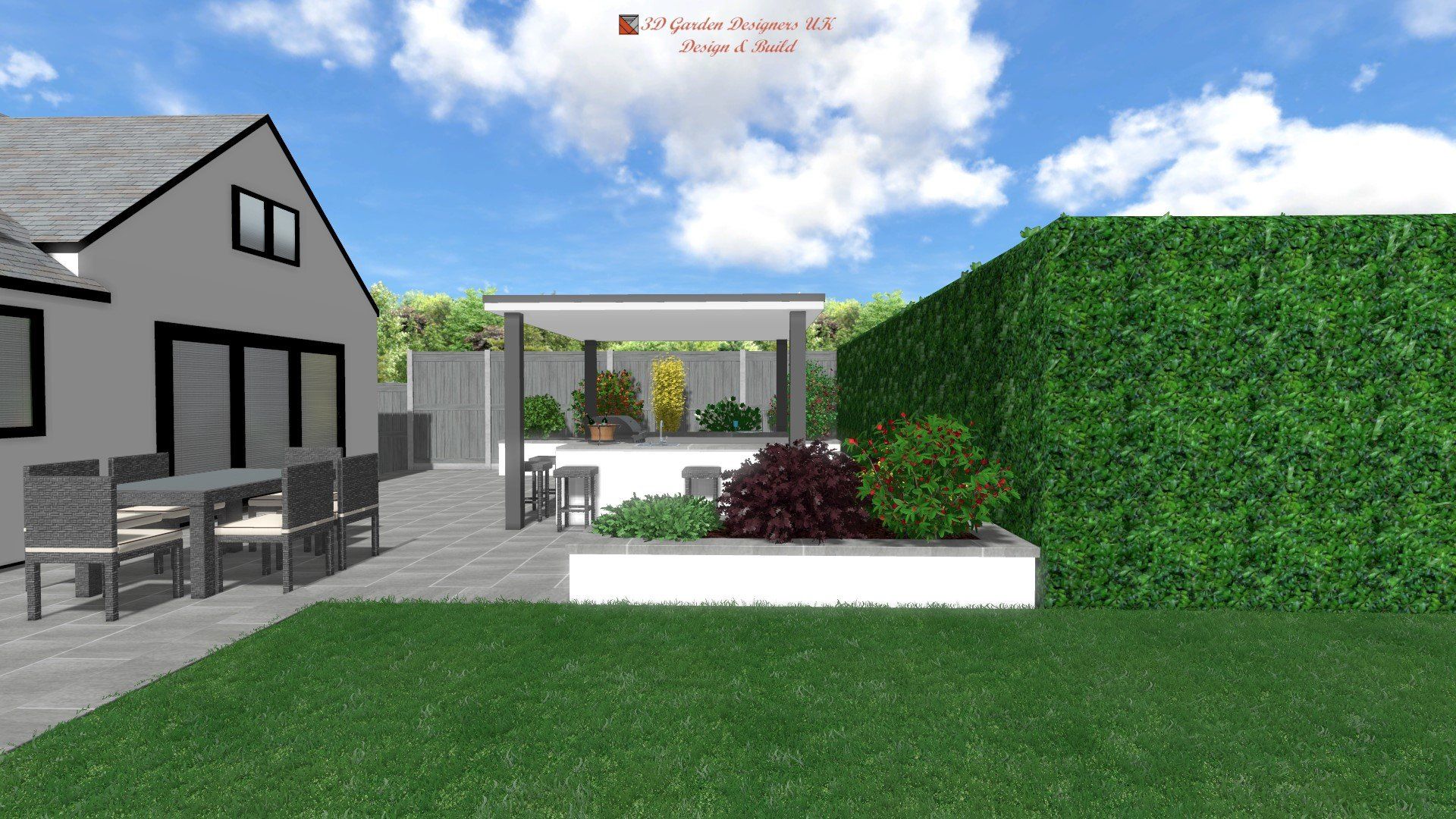 A computer generated image of a garden with a house in the background