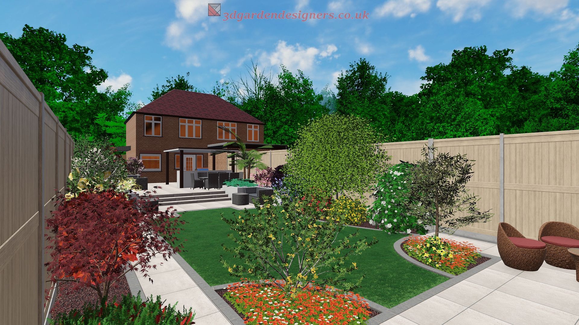 A garden design rendering shows a house, patio, lawn, trees, and planting beds.
