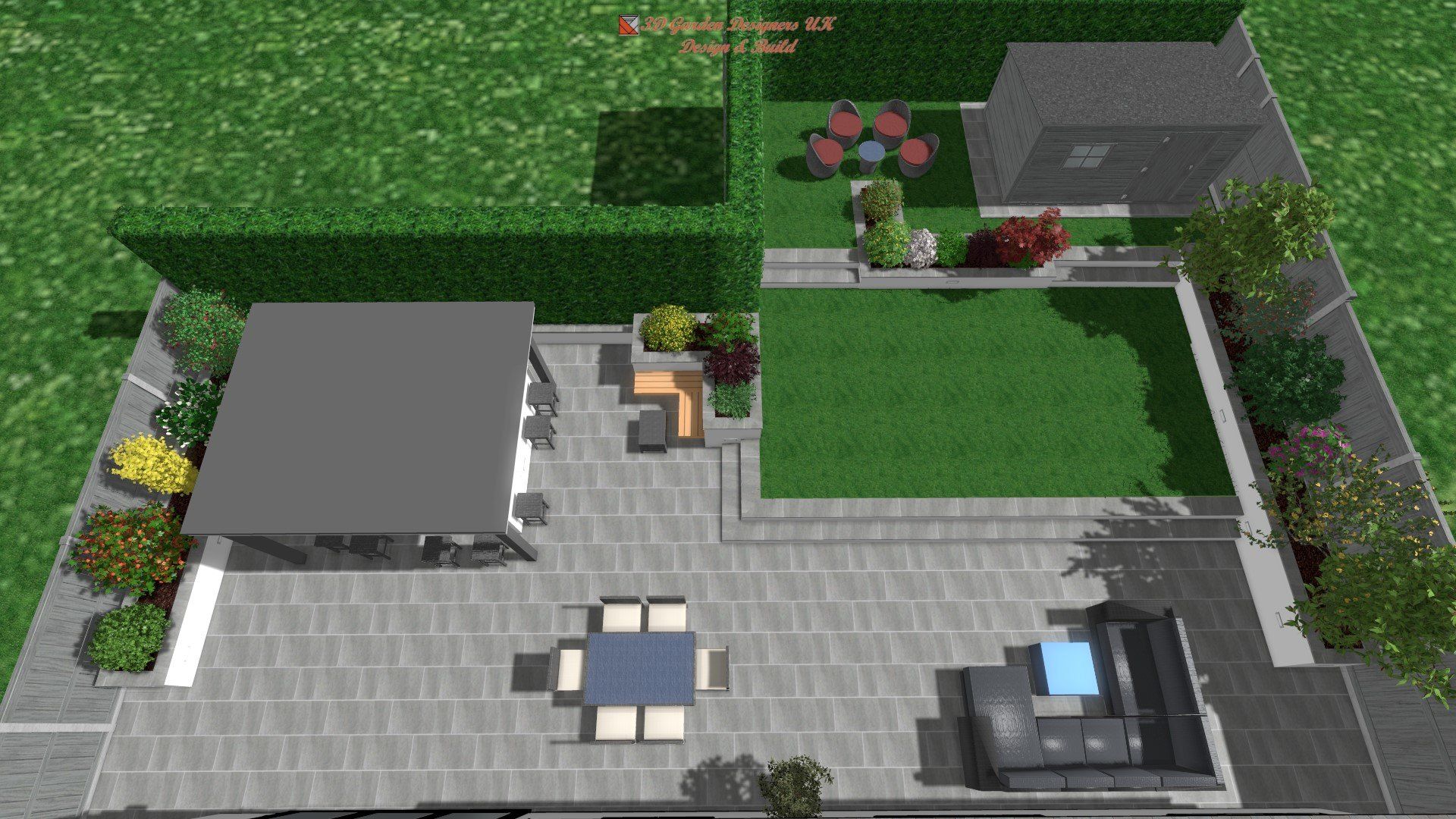 An aerial view of a patio with a table and chairs in a garden.