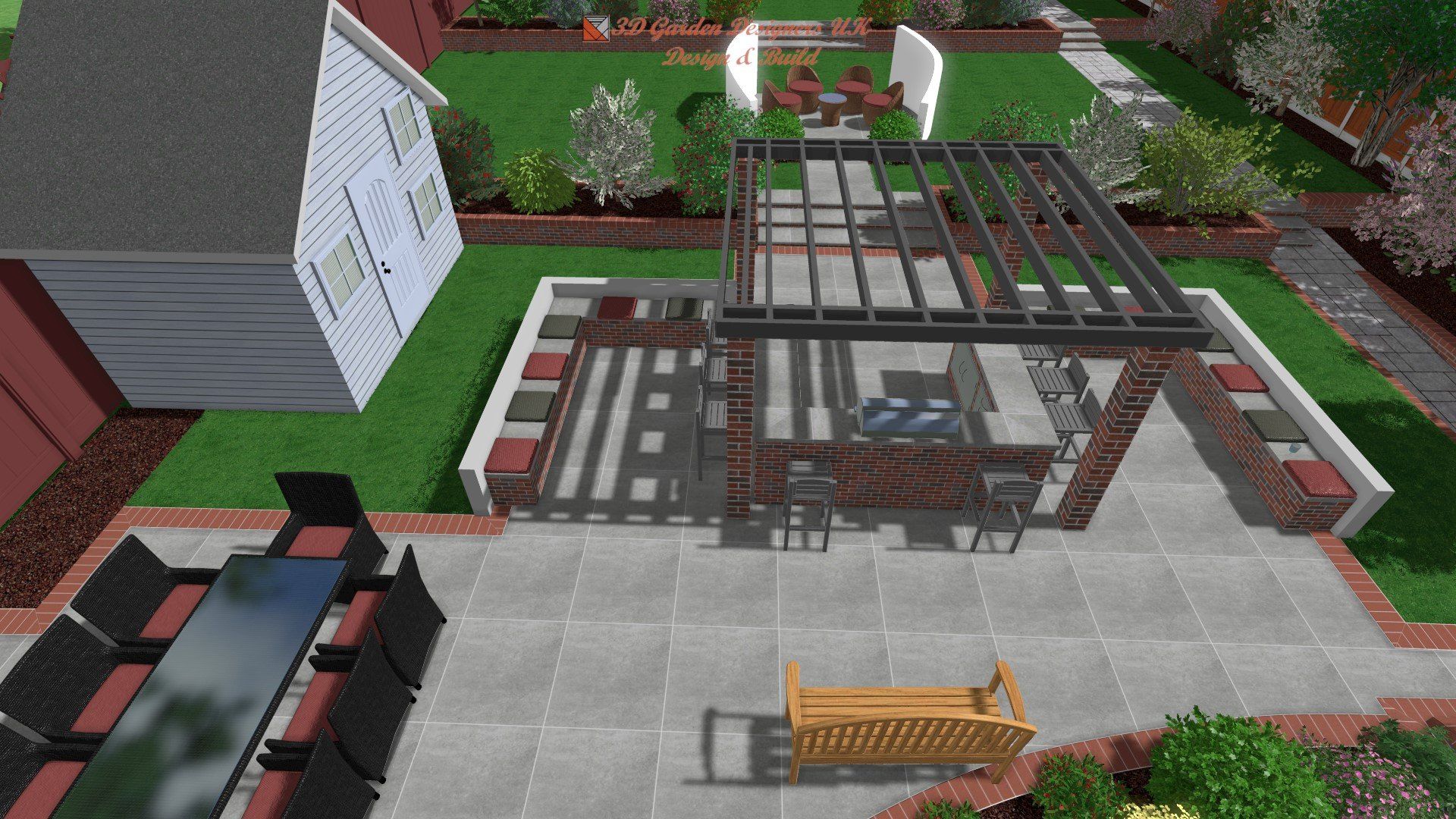 An aerial view of a patio with a pergola and a table and chairs.
