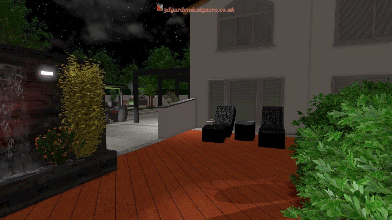 A computer generated image of a patio with chairs and a waterfall at night.