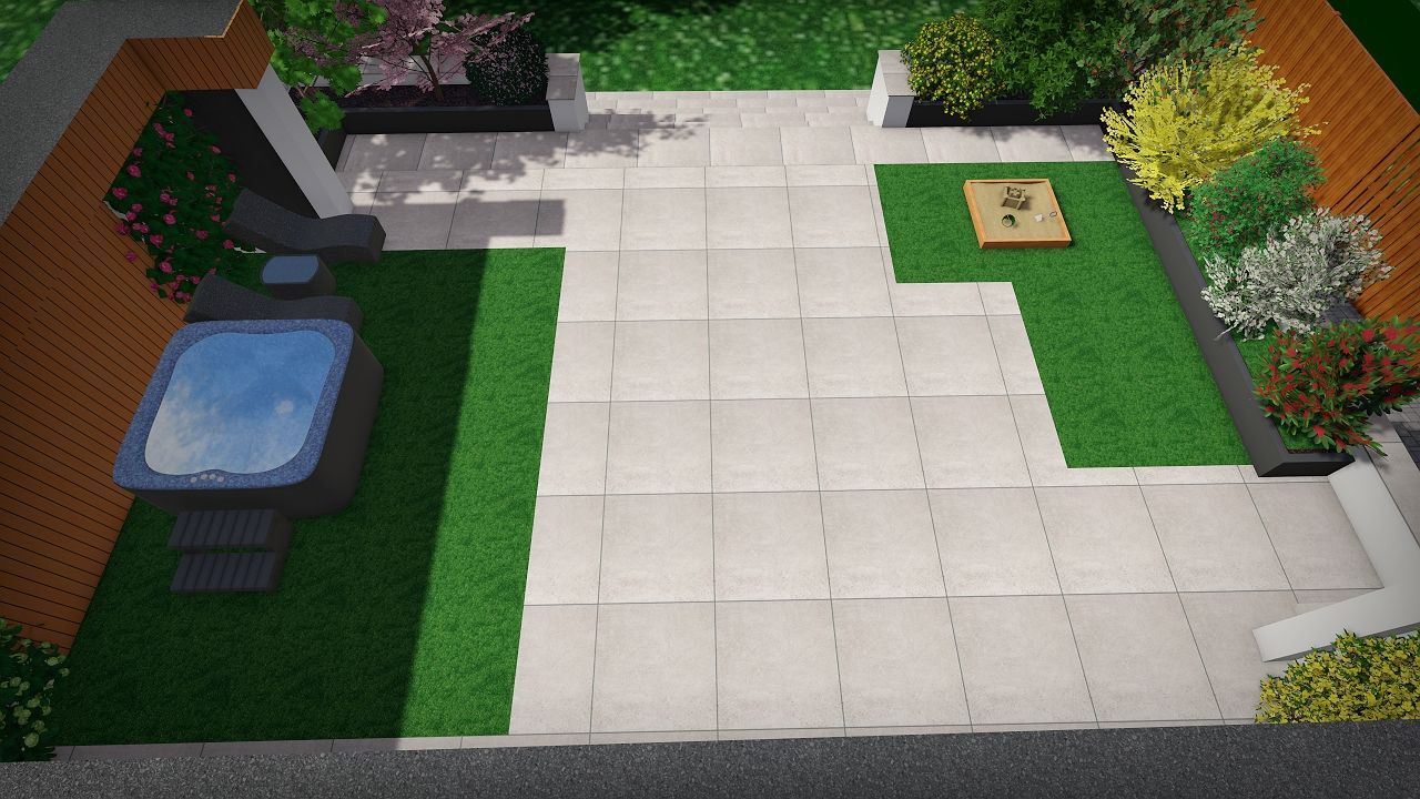 Top-down view of a modern backyard with a hot tub, paved patio, grass areas, and landscaping.