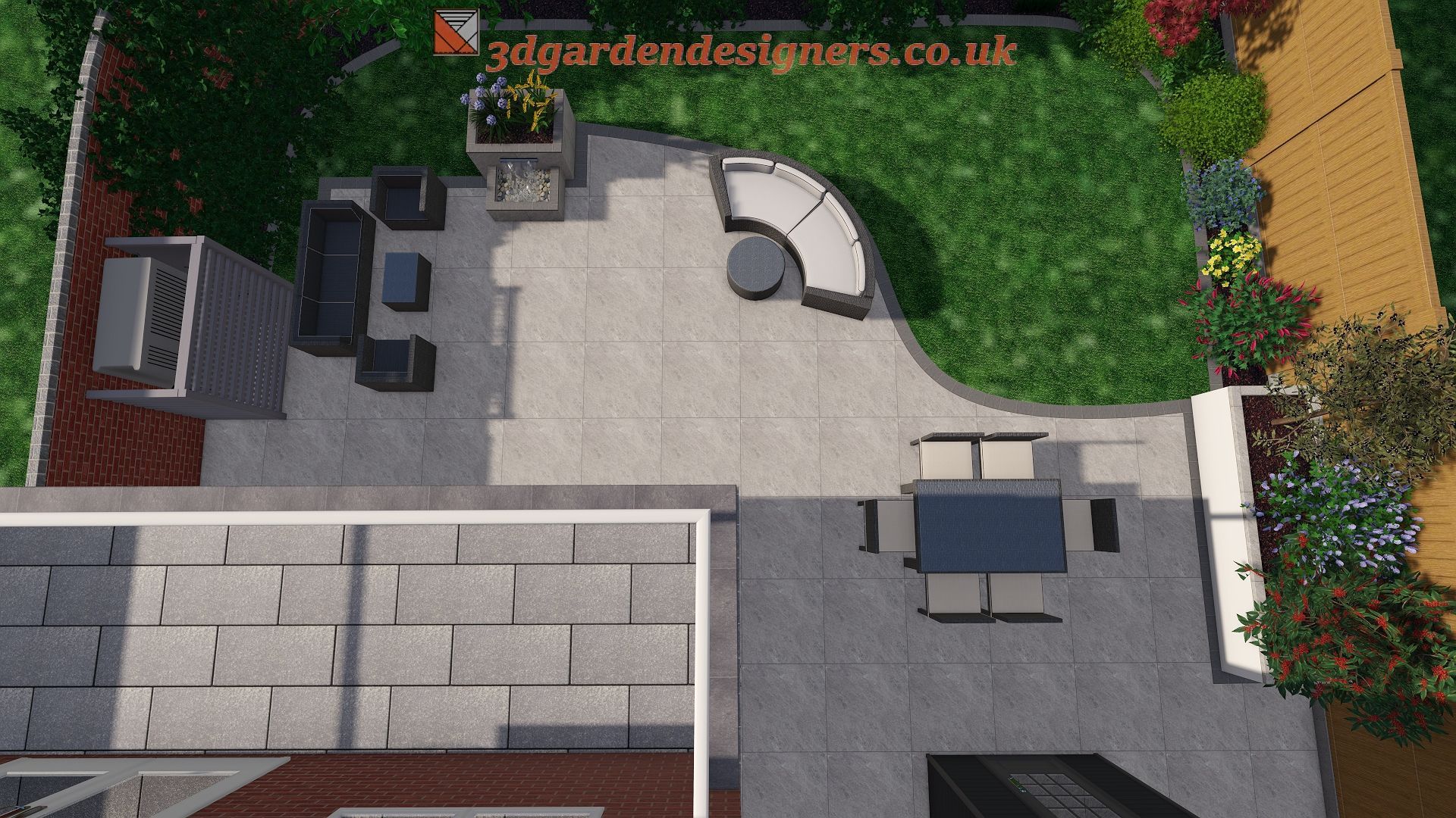 An aerial view of a garden with a table and chairs.