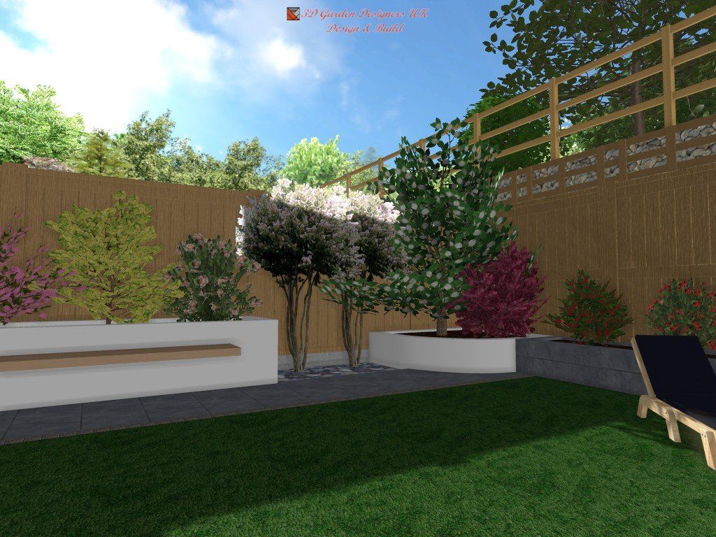 A computer generated image of a garden with a wooden fence and a bench.