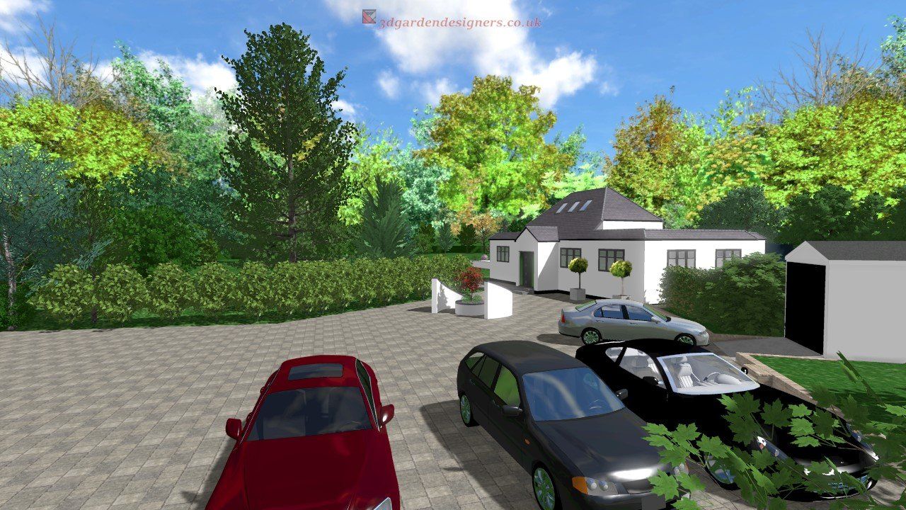 A red car is parked in front of a house