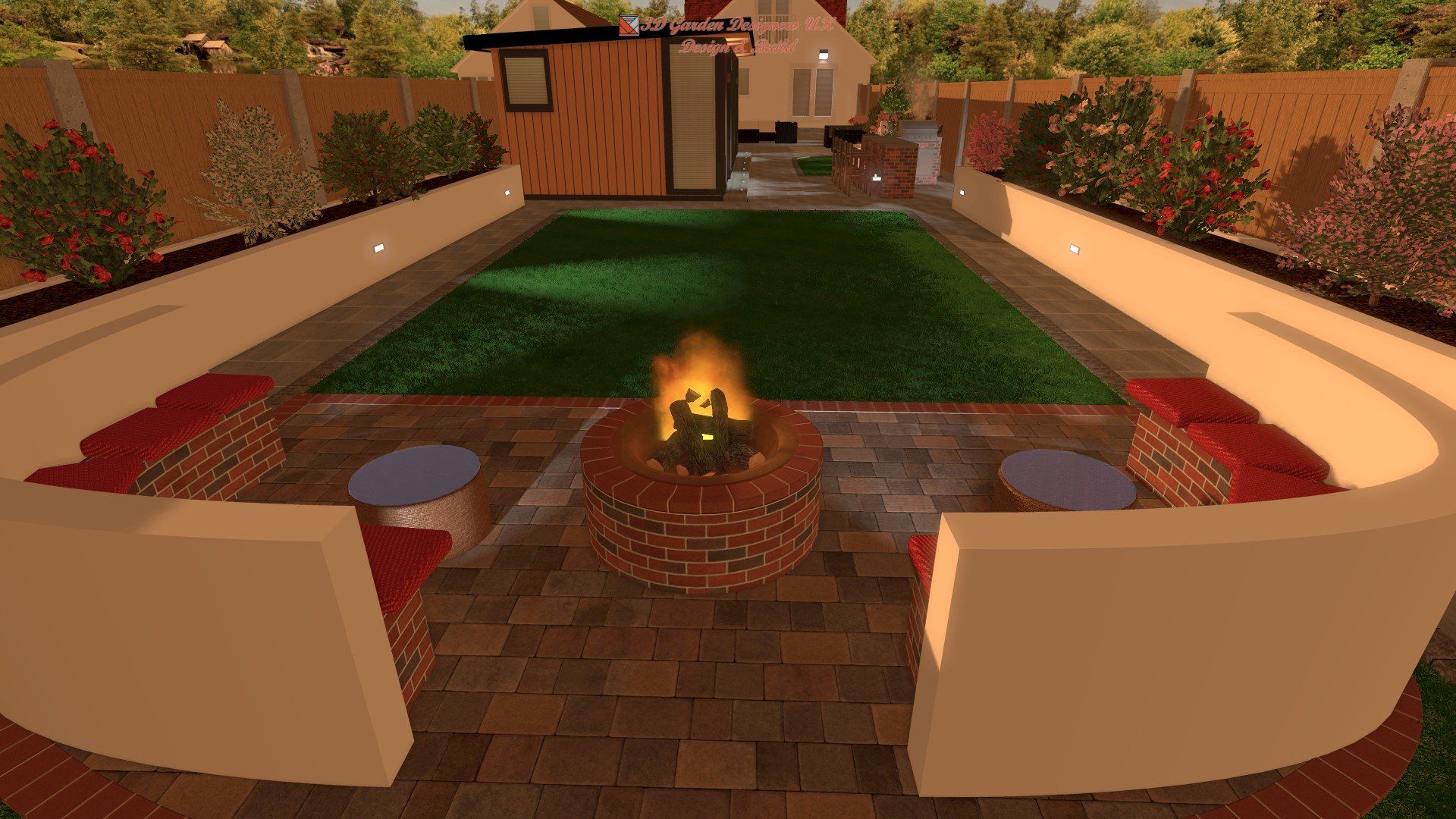 There is a fire pit in the middle of the backyard.