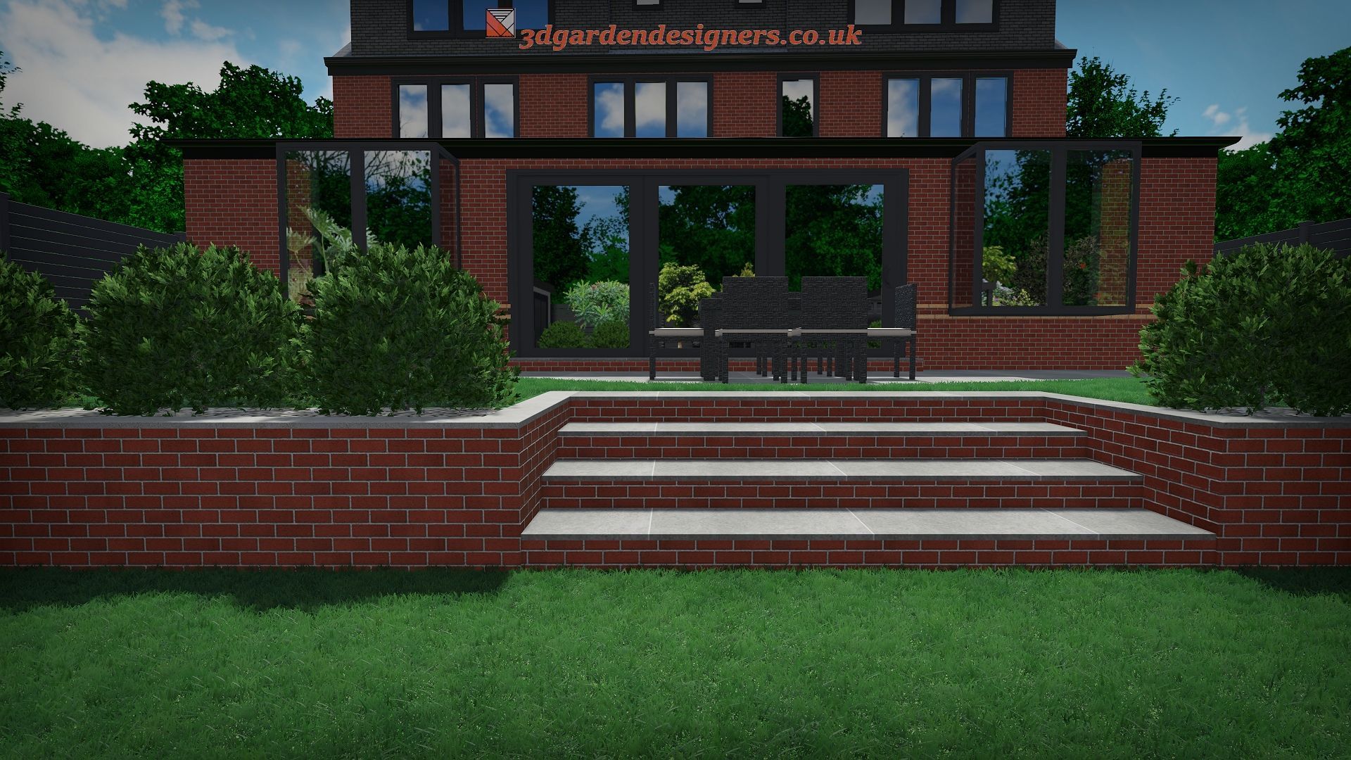 Red brick house with glass-walled patio, raised garden beds, and steps leading to the backyard.