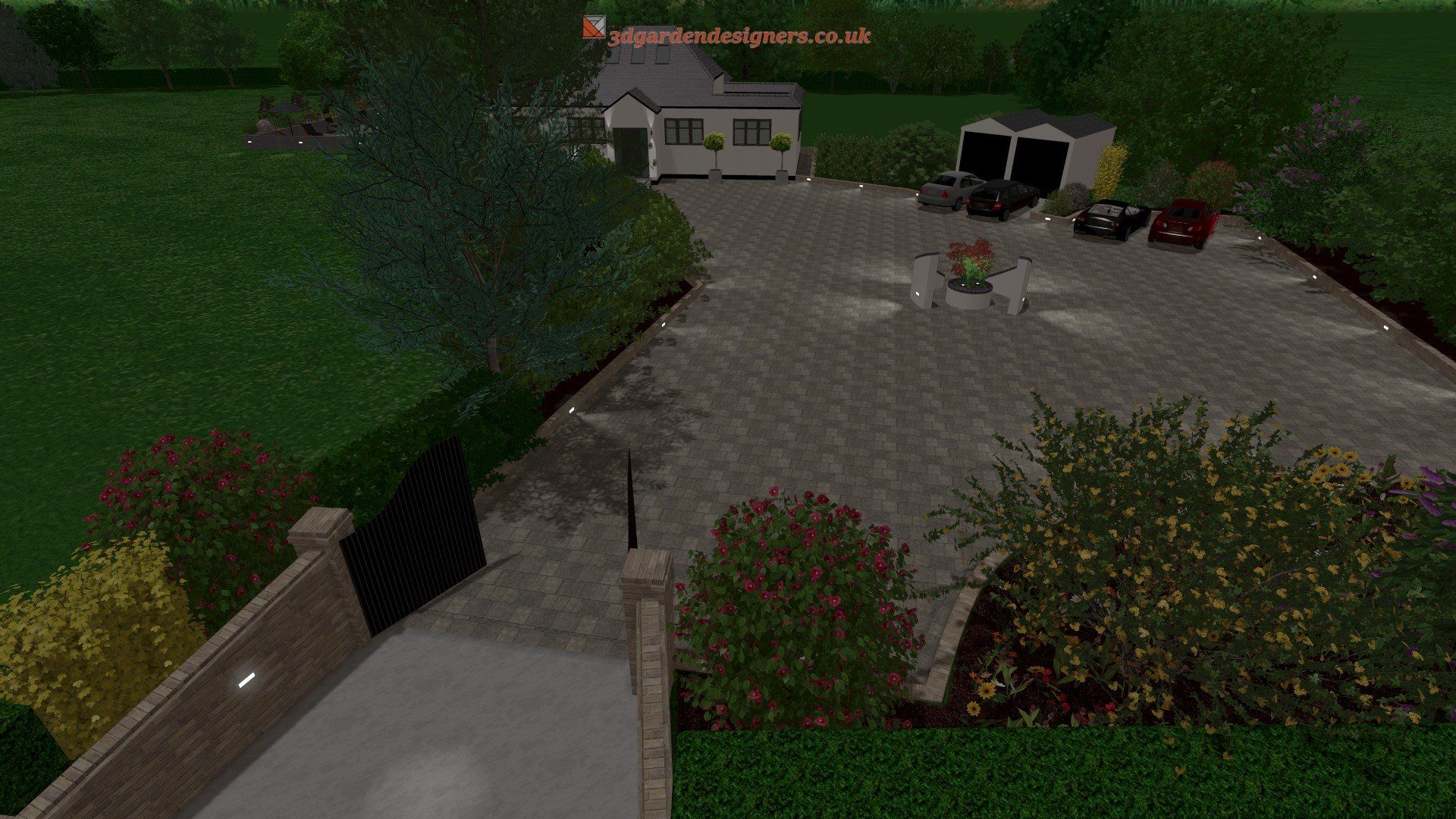 A computer generated image of a driveway leading to a house.