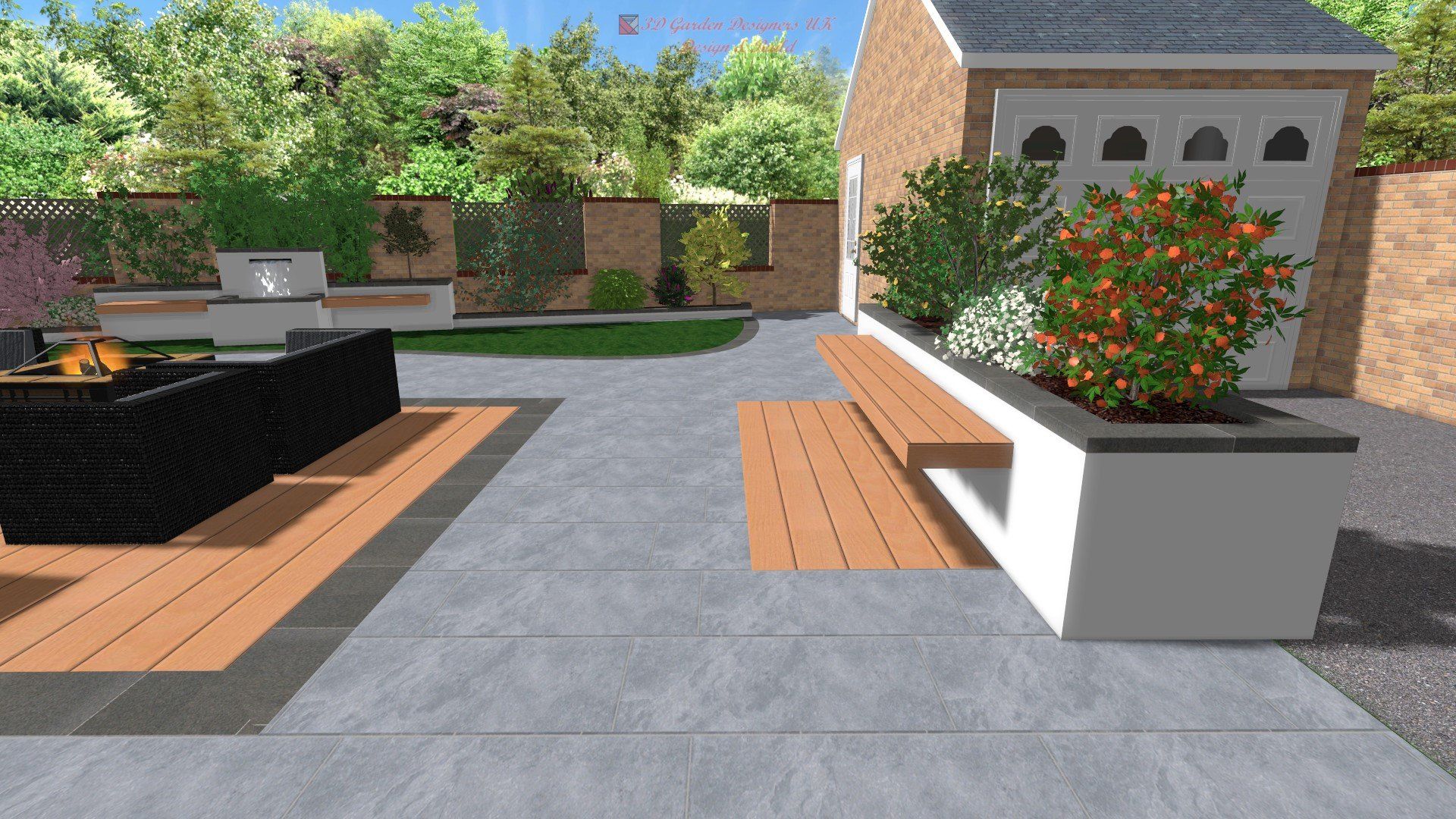 A computer generated image of a backyard with a fire pit and a bench.