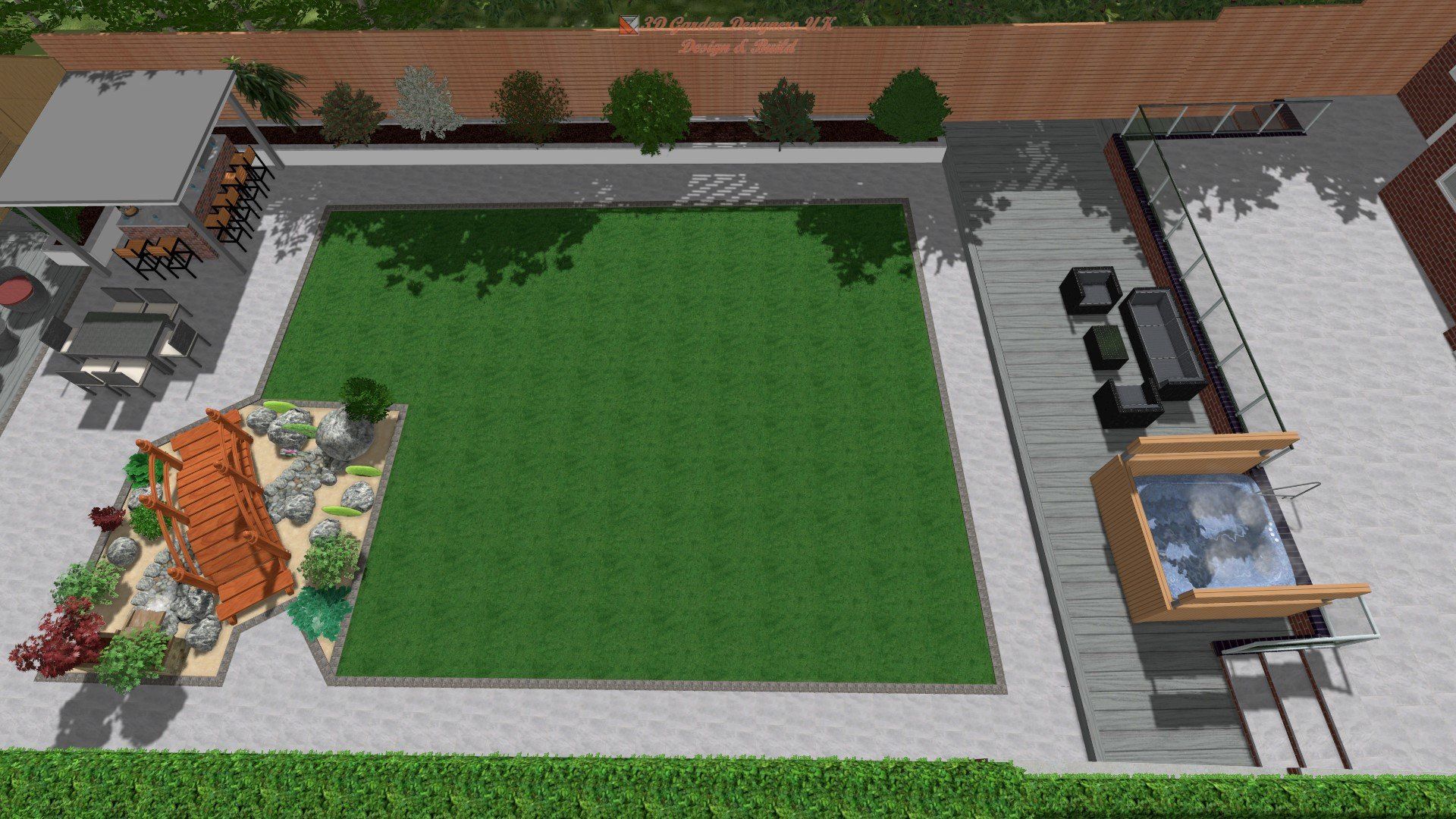 An aerial view of a backyard with a large lawn and a hot tub.
