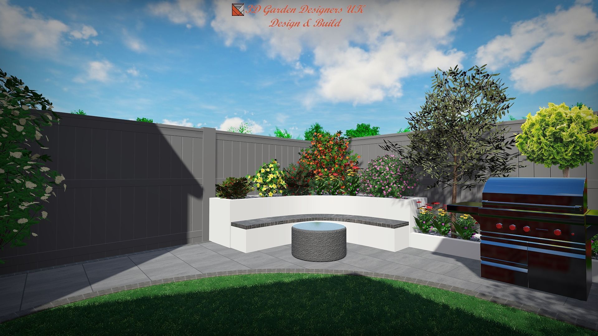 A computer generated image of a backyard with a grill and a table.