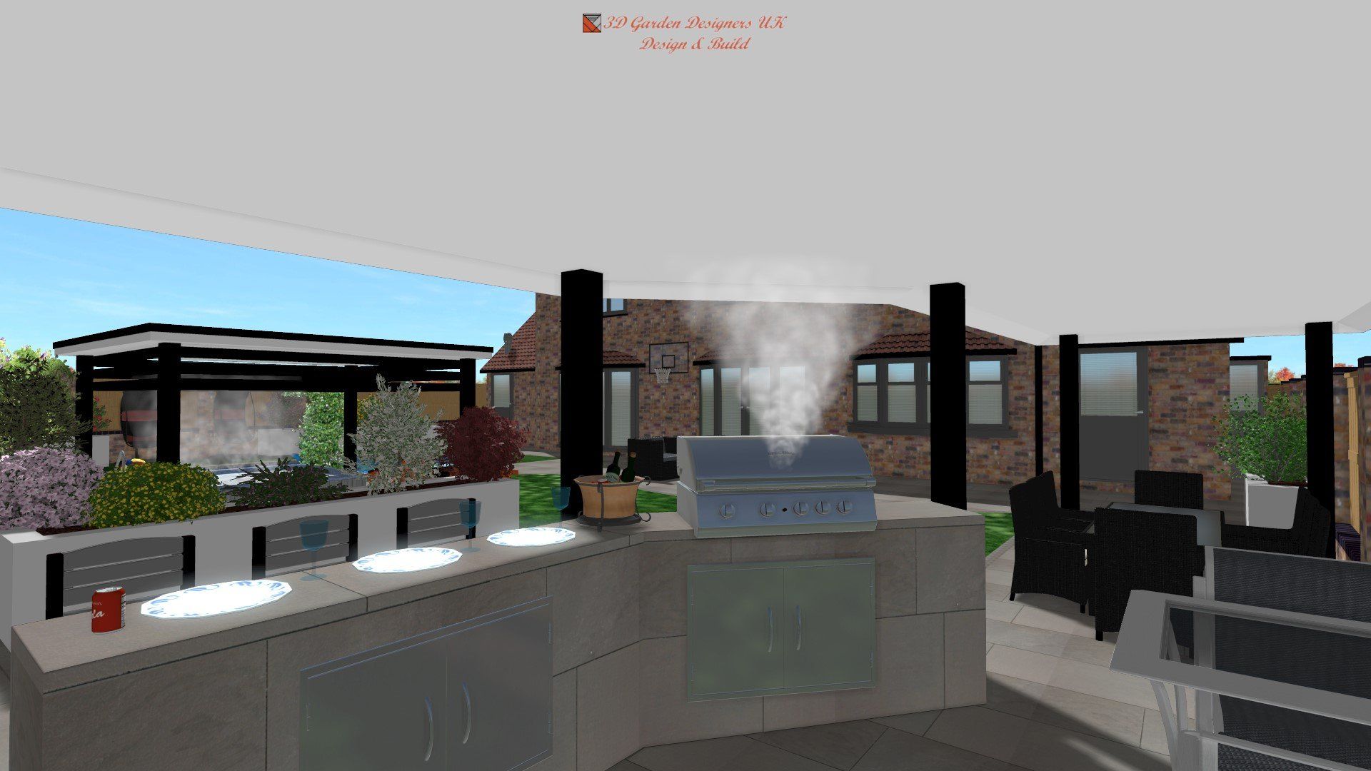 A computer generated image of a kitchen with smoke coming out of the grill.