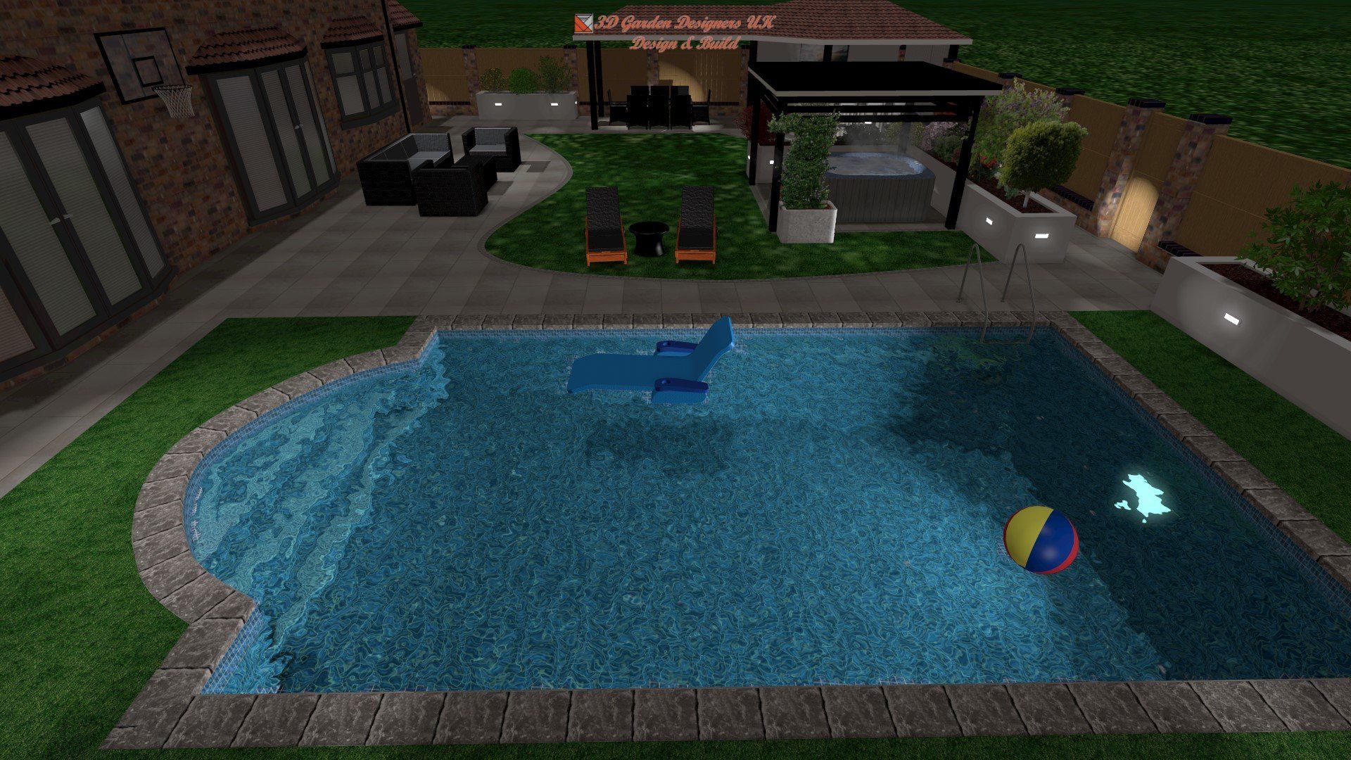 A large swimming pool with a chair and a beach ball in it.