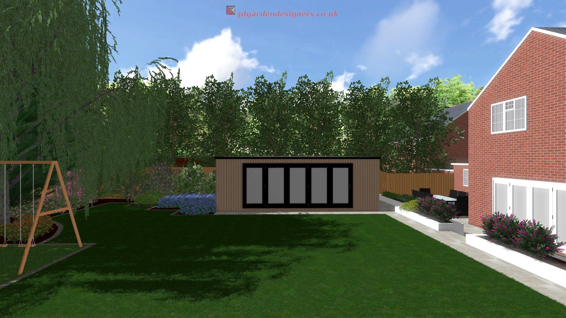 A computer generated image of a backyard with a house in the background