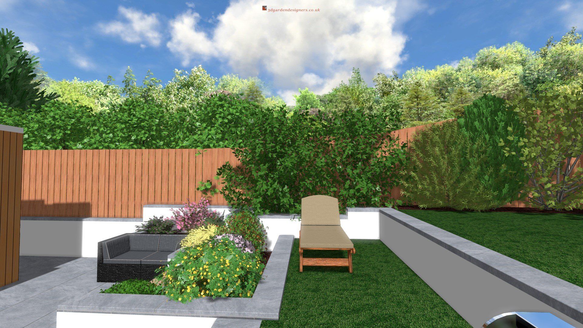 A computer generated image of a backyard with a couch and chairs