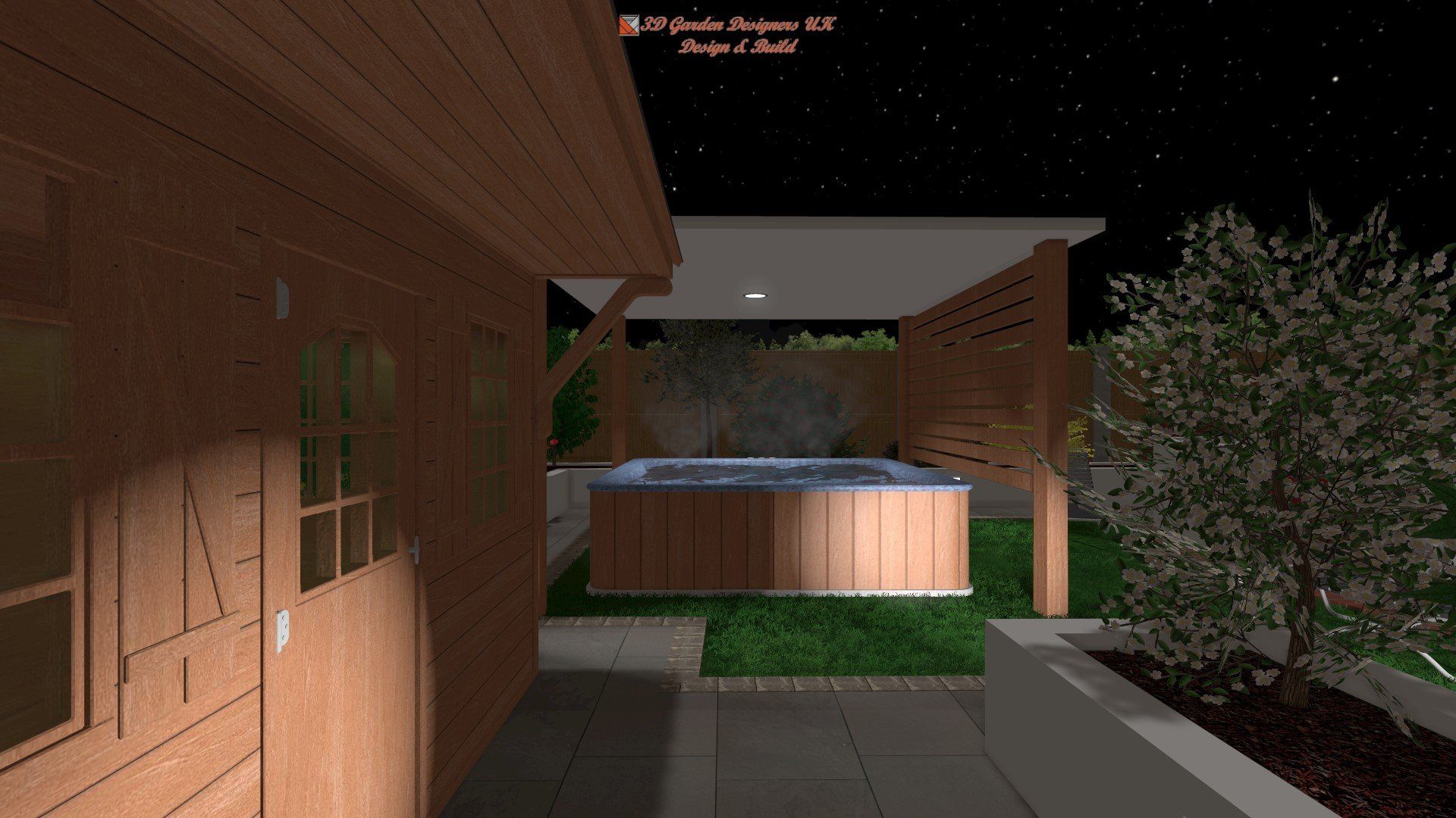 A computer generated image of a backyard with a hot tub