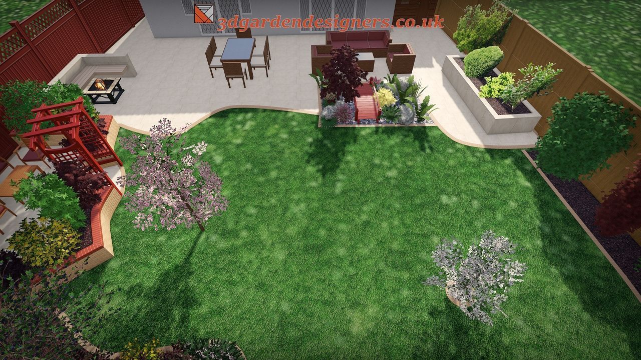 Aerial view of a garden with patio furniture, fire pit, and planting beds. Green lawn, brown fence, and concrete patio.