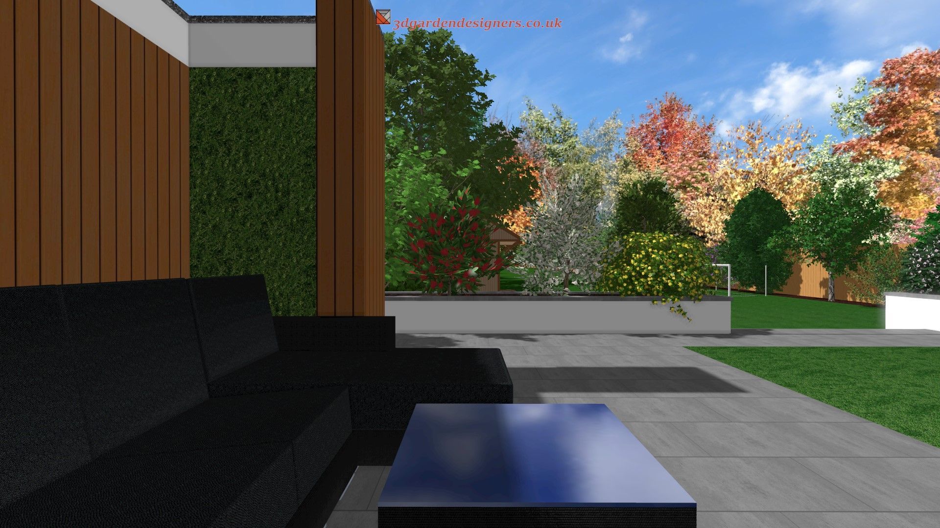 A computer generated image of a patio with a couch and a table.