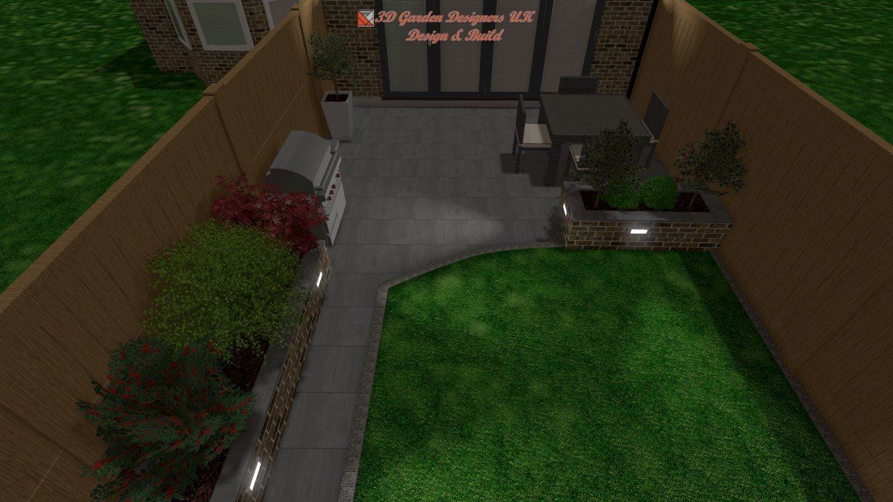 An aerial view of a backyard with a wooden fence and a grill.